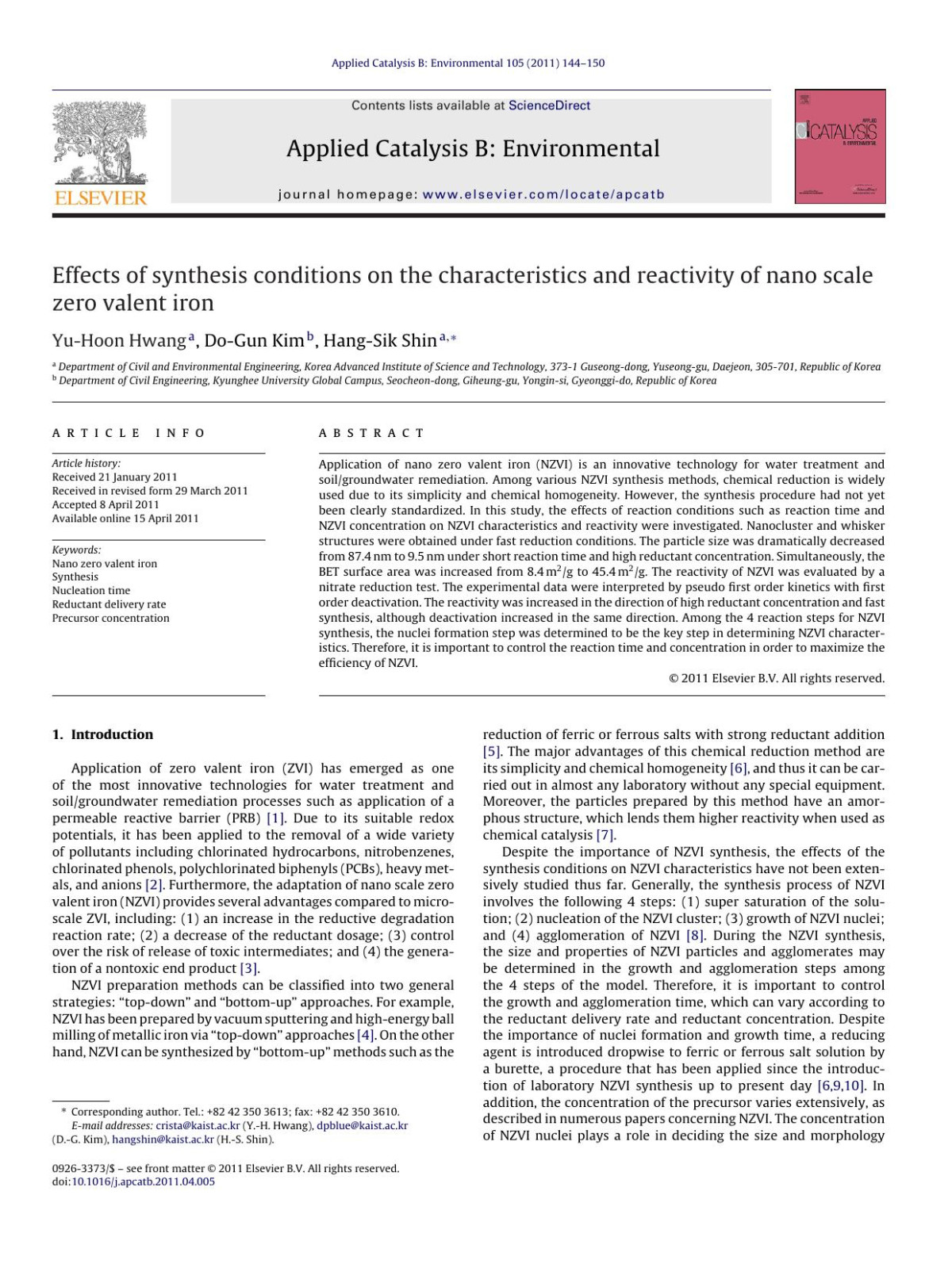 Effects Of Synthesis Conditions On The Characteristics And Reactivity Of Nano Scale Zero Valent Iron Yuhoon Hwang