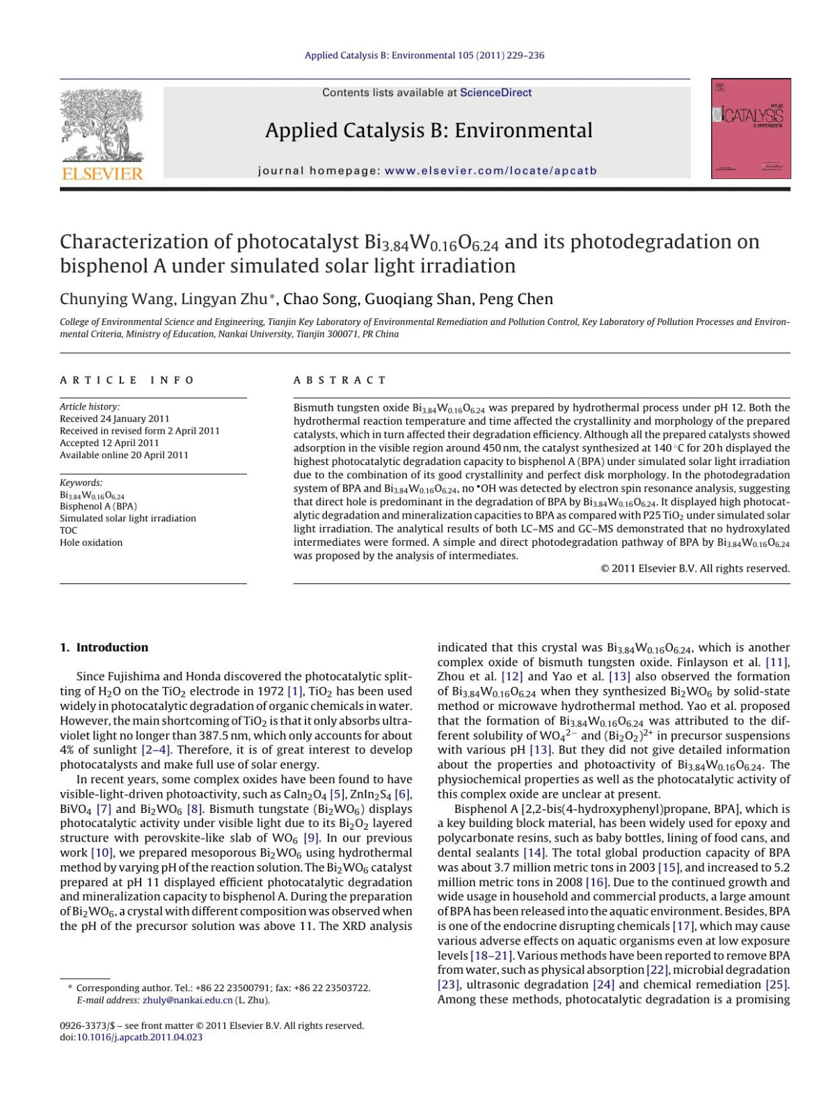 Characterization Of Photocatalyst Bi384w016o624 And Its Photodegradation On Bisphenol A Under Simulated Solar Light Irradiation Chunying Wang