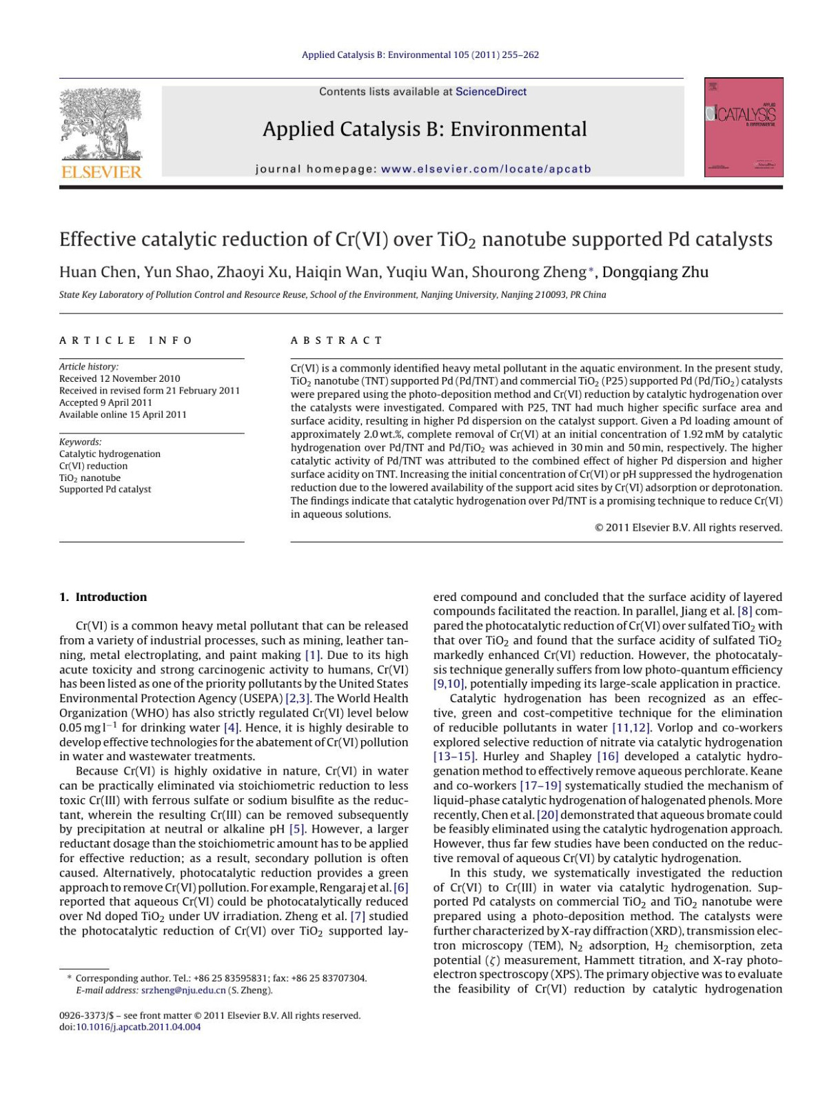 Effective Catalytic Reduction Of Crvi Over Tio2 Nanotube Supported Pd Catalysts Huan Chen