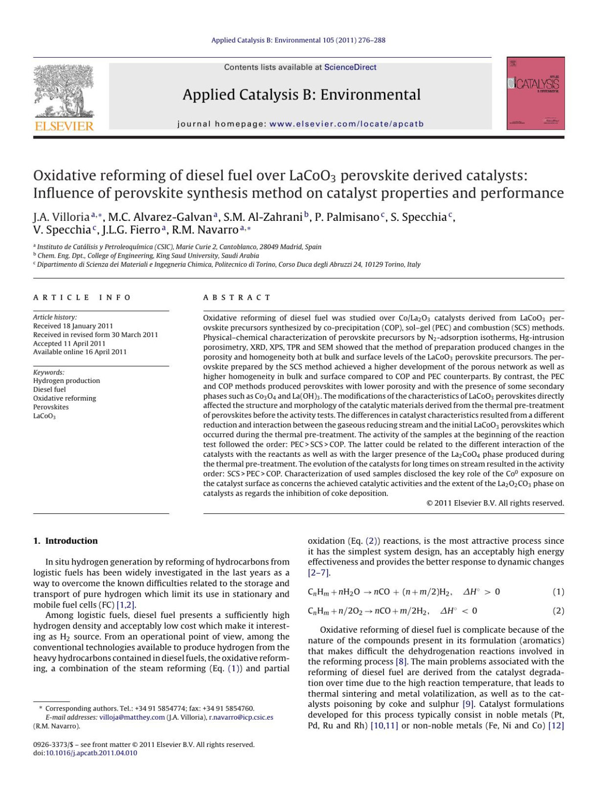 Oxidative Reforming Of Diesel Fuel Over Lacoo3 Perovskite Derived Catalysts Influence Of Perovskite Synthesis Method On Catalyst Properties And Performance Ja Villoria