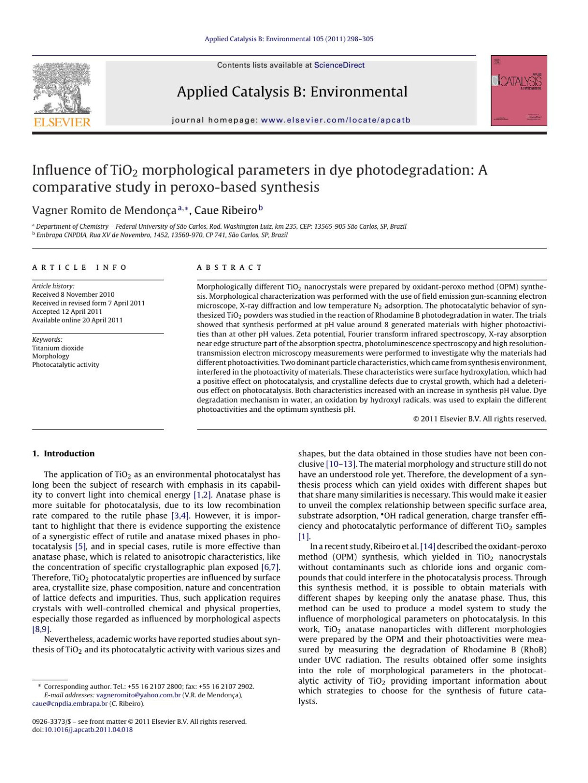 Influence Of Tio2 Morphological Parameters In Dye Photodegradation A Comparative Study In Peroxobased Synthesis Vagner Romito De Mendona
