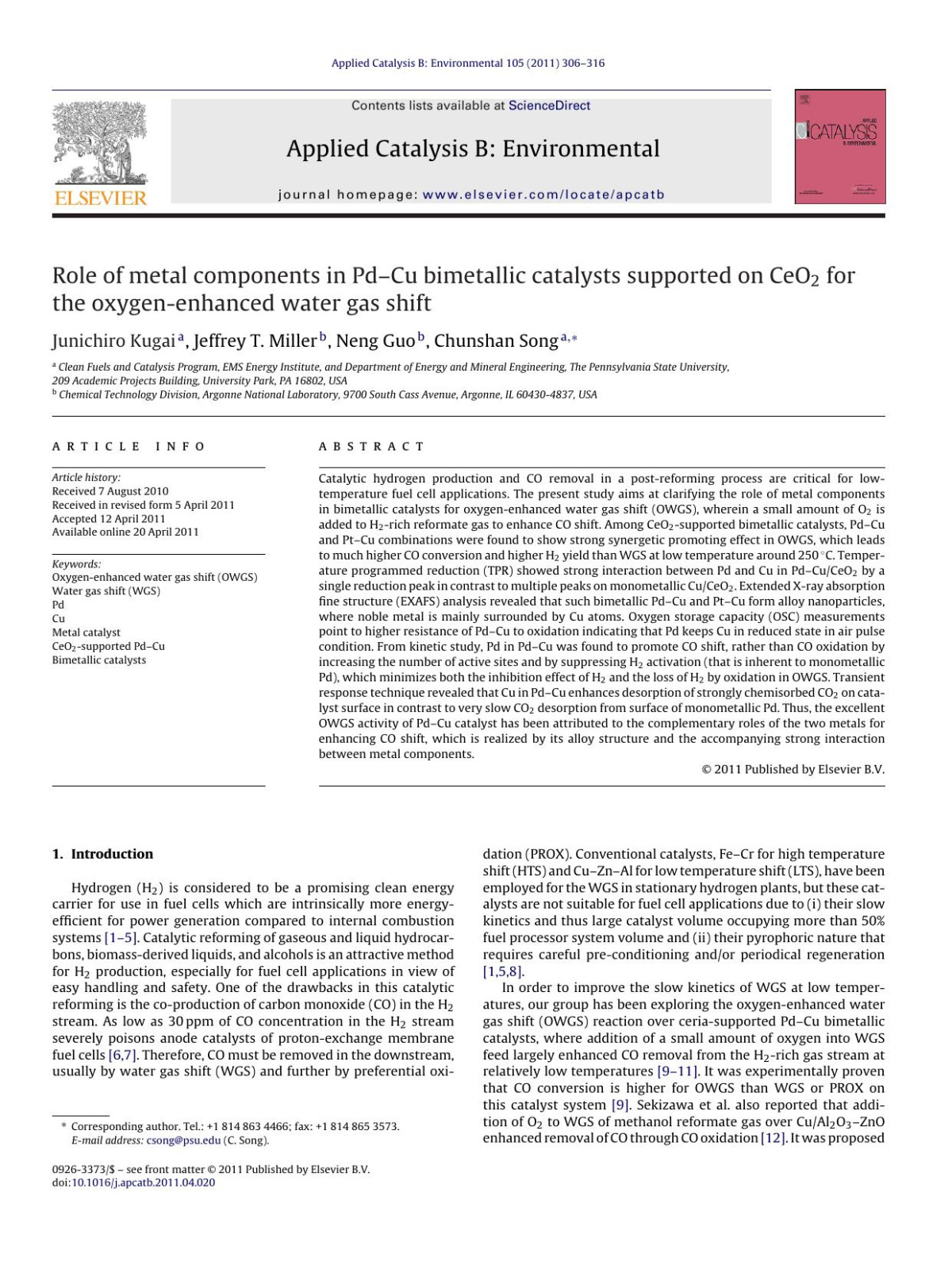 Role Of Metal Components In Pdcu Bimetallic Catalysts Supported On Ceo2 For The Oxygenenhanced Water Gas Shift Junichiro Kugai