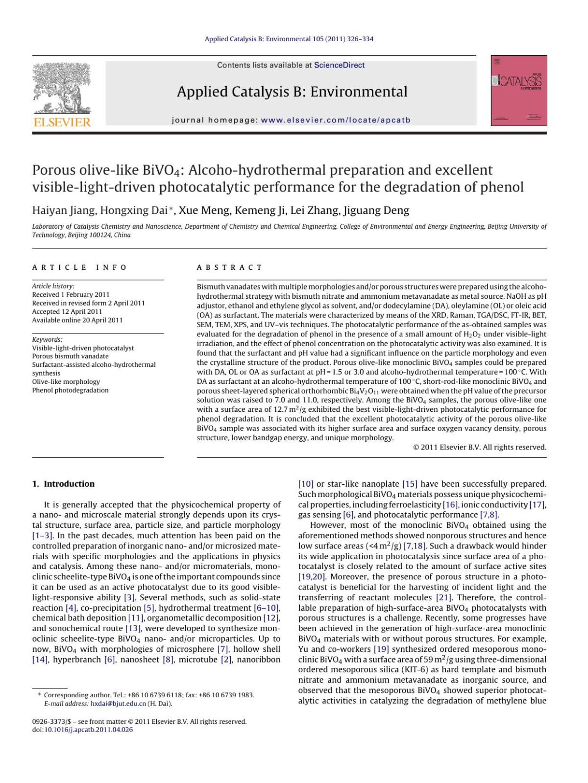 Porous Olivelike Bivo4 Alcohohydrothermal Preparation And Excellent Visiblelightdriven Photocatalytic Performance For The Degradation Of Phenol Haiyan Jiang