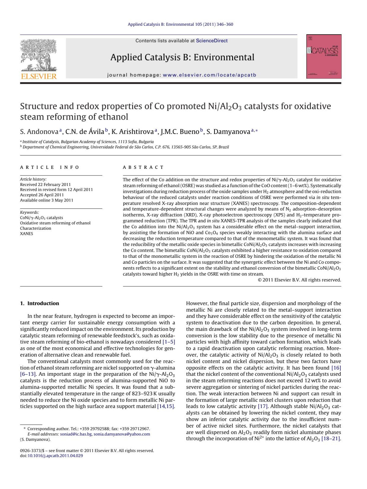 Structure And Redox Properties Of Co Promoted Nial2o3 Catalysts For Oxidative Steam Reforming Of Ethanol S Andonova