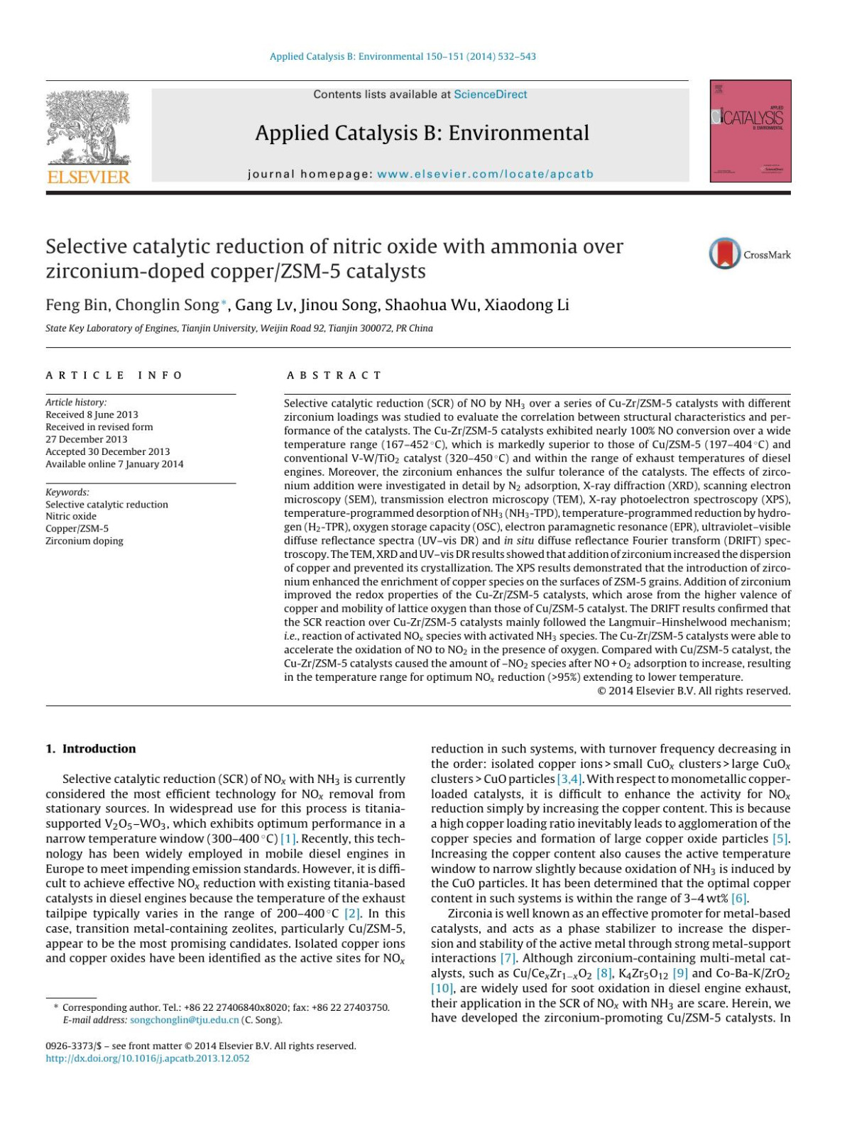 Selective Catalytic Reduction Of Nitric Oxide With Ammonia Over Zirconiumdoped Copperzsm5 Catalysts Feng Bin