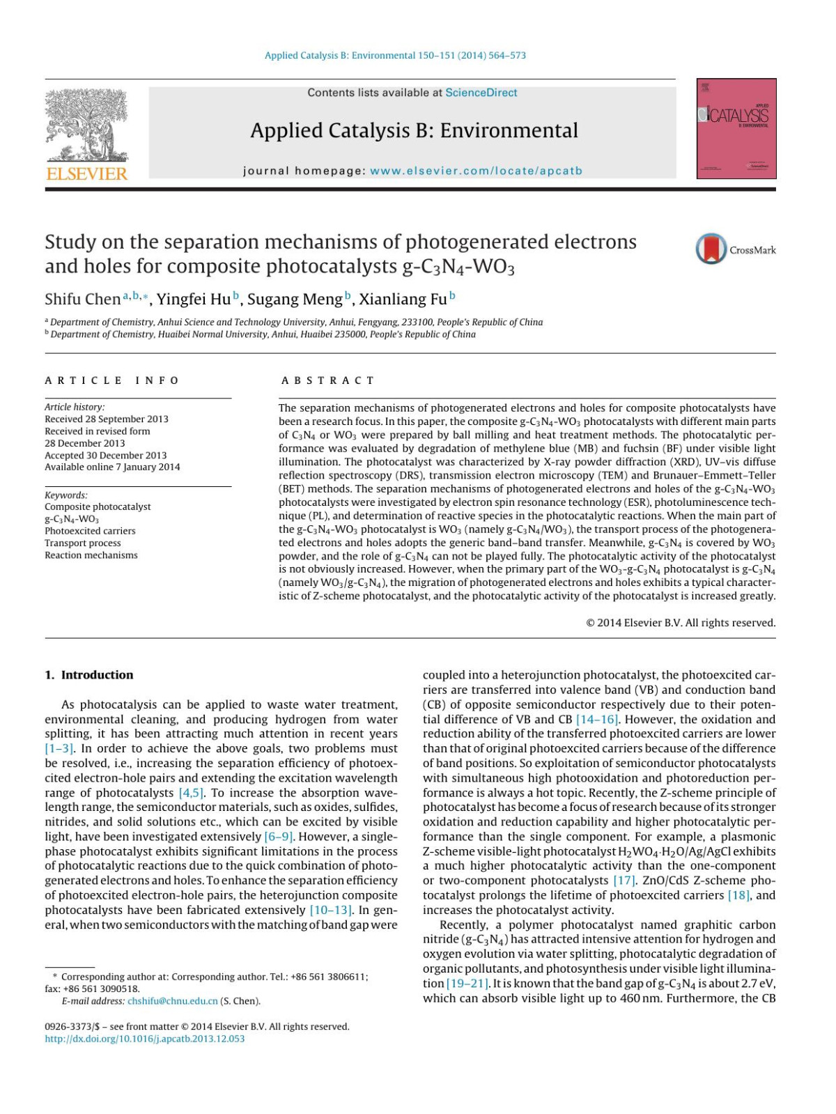 Study On The Separation Mechanisms Of Photogenerated Electrons And Holes For Composite Photocatalysts Gc3n4wo3 Shifu Chen