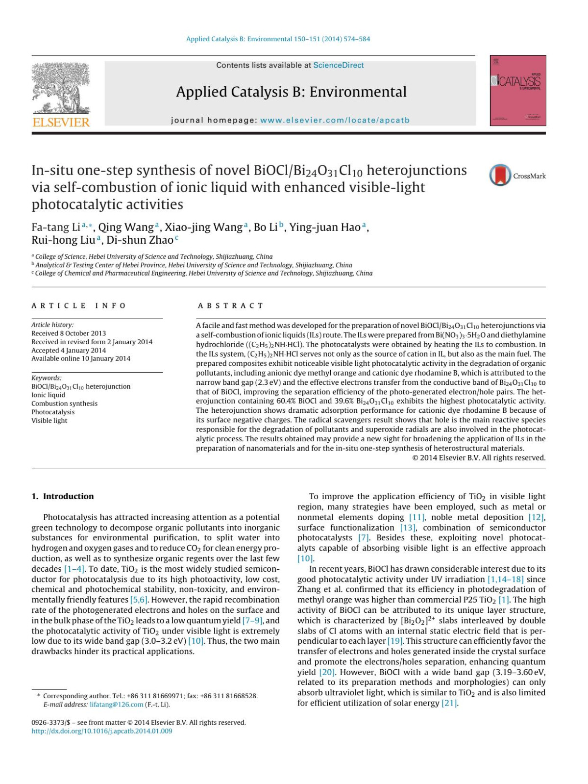 Insitu Onestep Synthesis Of Novel Bioclbi24o31cl10 Heterojunctions Via Selfcombustion Of Ionic Liquid With Enhanced Visiblelight Photocatalytic Activities Fatang Li