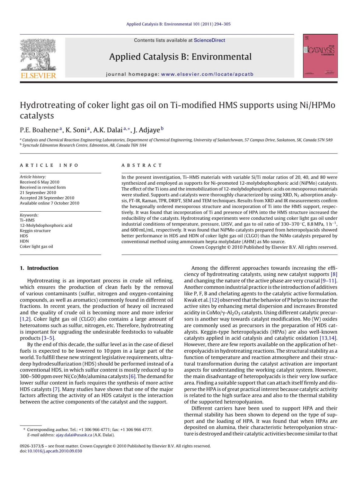 Hydrotreating Of Coker Light Gas Oil On Timodified Hms Supports Using Nihpmo Catalysts Pe Boahene