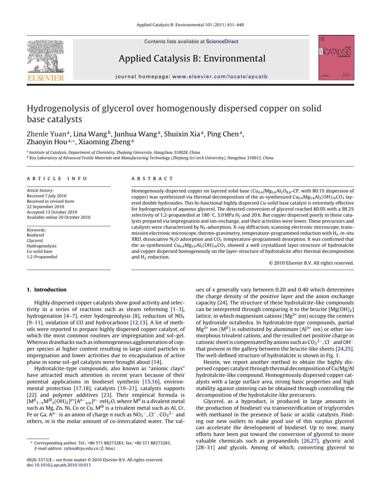 Hydrogenolysis Of Glycerol Over Homogenously Dispersed Copper On Solid Base Catalysts Zhenle Yuan