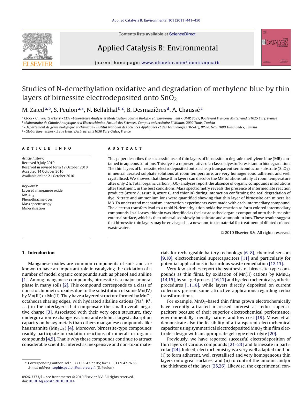 Studies Of Ndemethylation Oxidative And Degradation Of Methylene Blue By Thin Layers Of Birnessite Electrodeposited Onto Sno2 M Zaied
