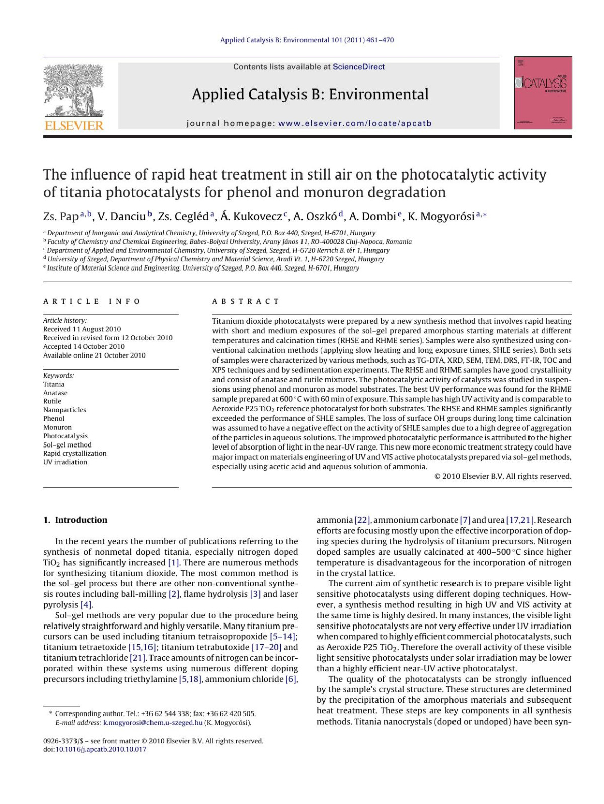 The Influence Of Rapid Heat Treatment In Still Air On The Photocatalytic Activity Of Titania Photocatalysts For Phenol And Monuron Degradation Zs Pap
