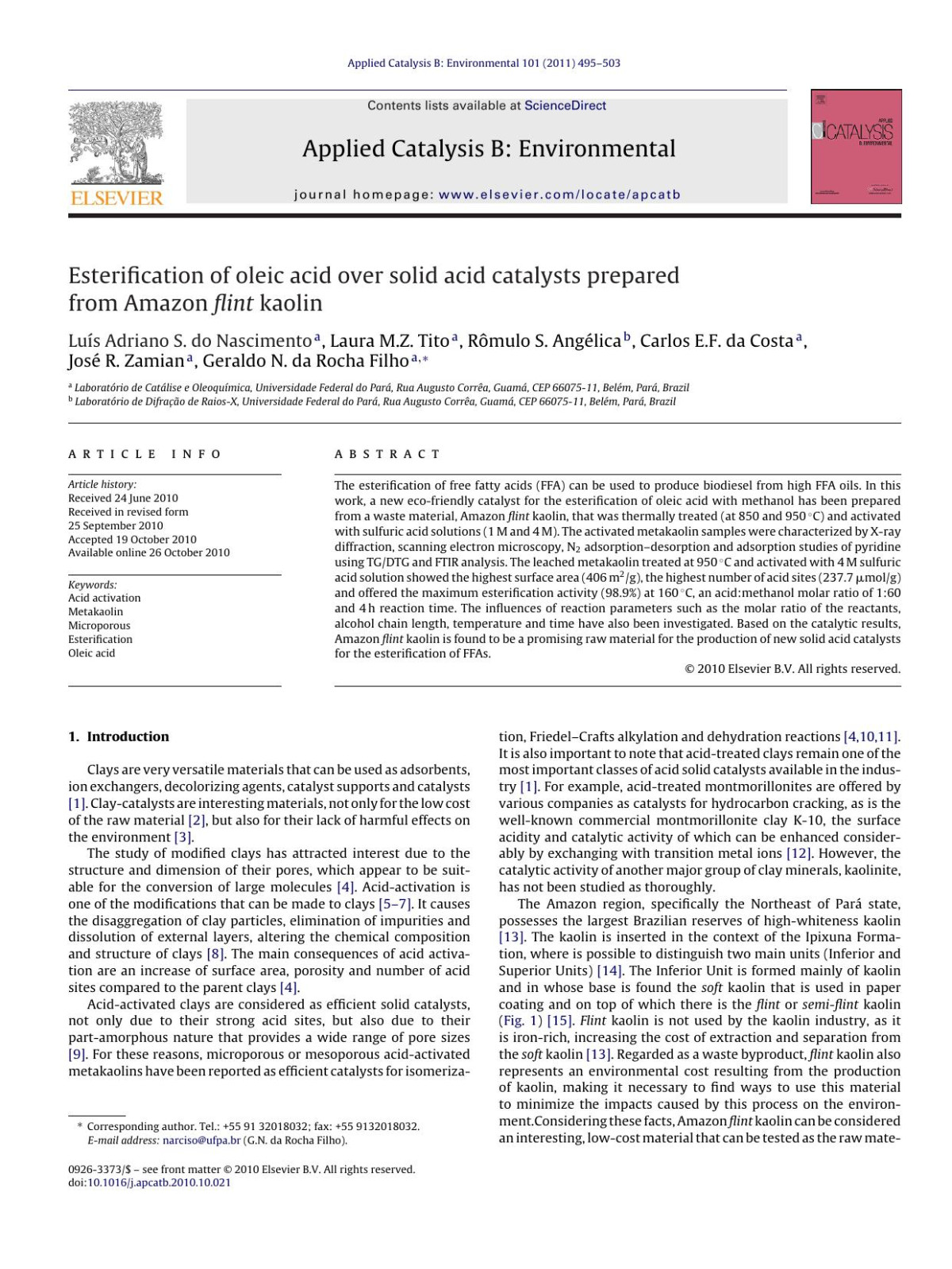 Esterification Of Oleic Acid Over Solid Acid Catalysts Prepared From Amazon Flint Kaolin Lus Adriano S Do Nascimento