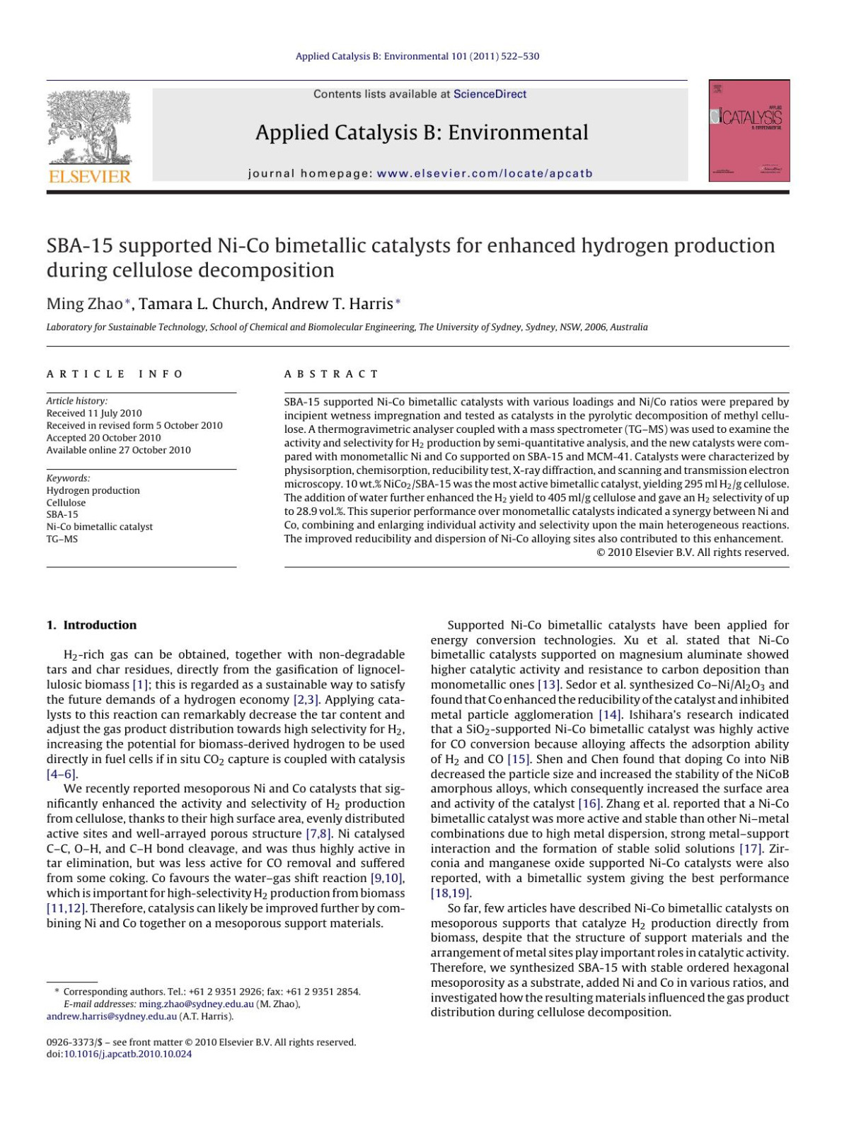Sba15 Supported Nico Bimetallic Catalysts For Enhanced Hydrogen Production During Cellulose Decomposition Ming Zhao
