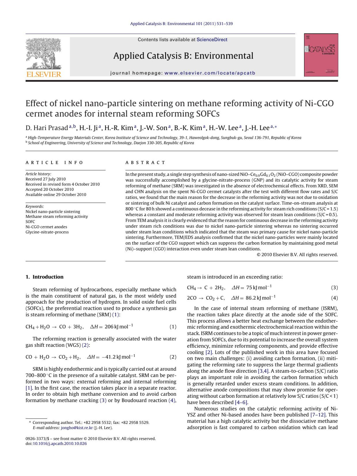 Effect Of Nickel Nanoparticle Sintering On Methane Reforming Activity Of Nicgo Cermet Anodes For Internal Steam Reforming Sofcs D Hari Prasad