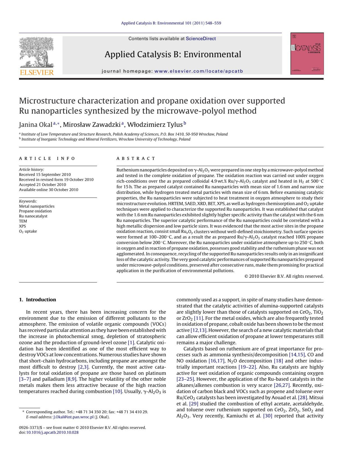 Microstructure Characterization And Propane Oxidation Over Supported Ru Nanoparticles Synthesized By The Microwavepolyol Method Janina Okal