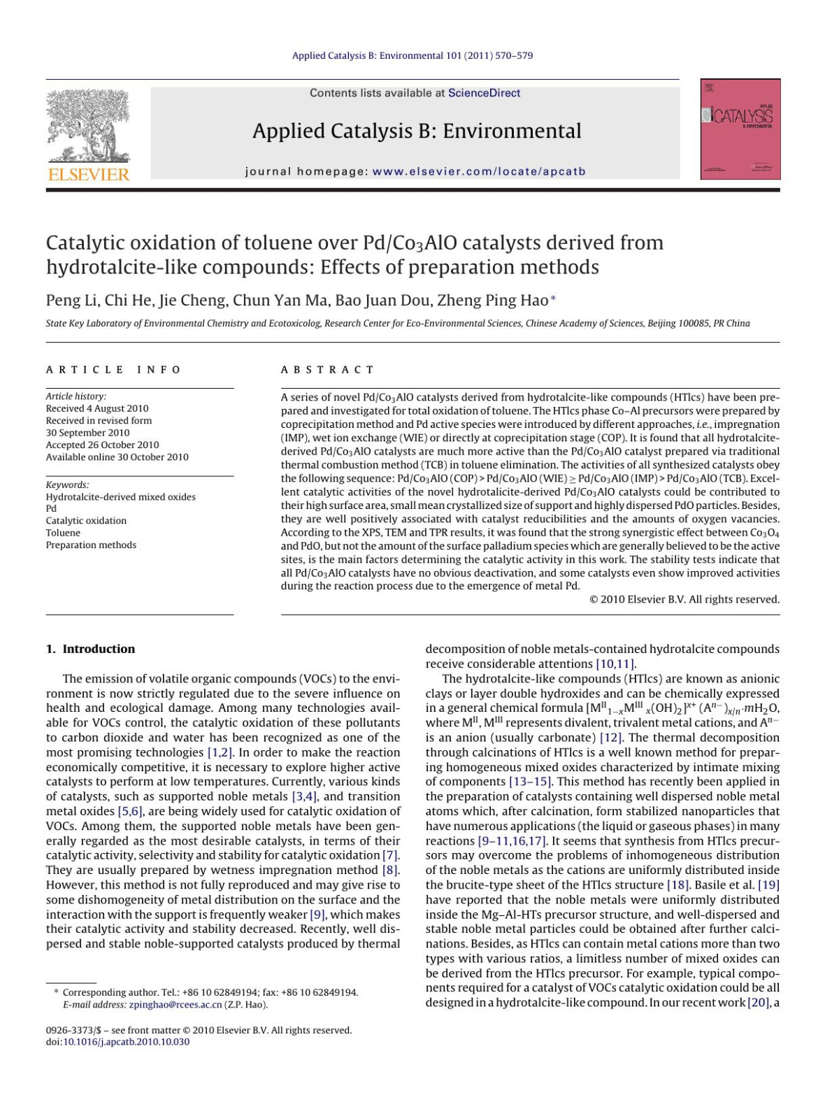 Catalytic Oxidation Of Toluene Over Pdco3alo Catalysts Derived From Hydrotalcitelike Compounds Effects Of Preparation Methods Peng Li
