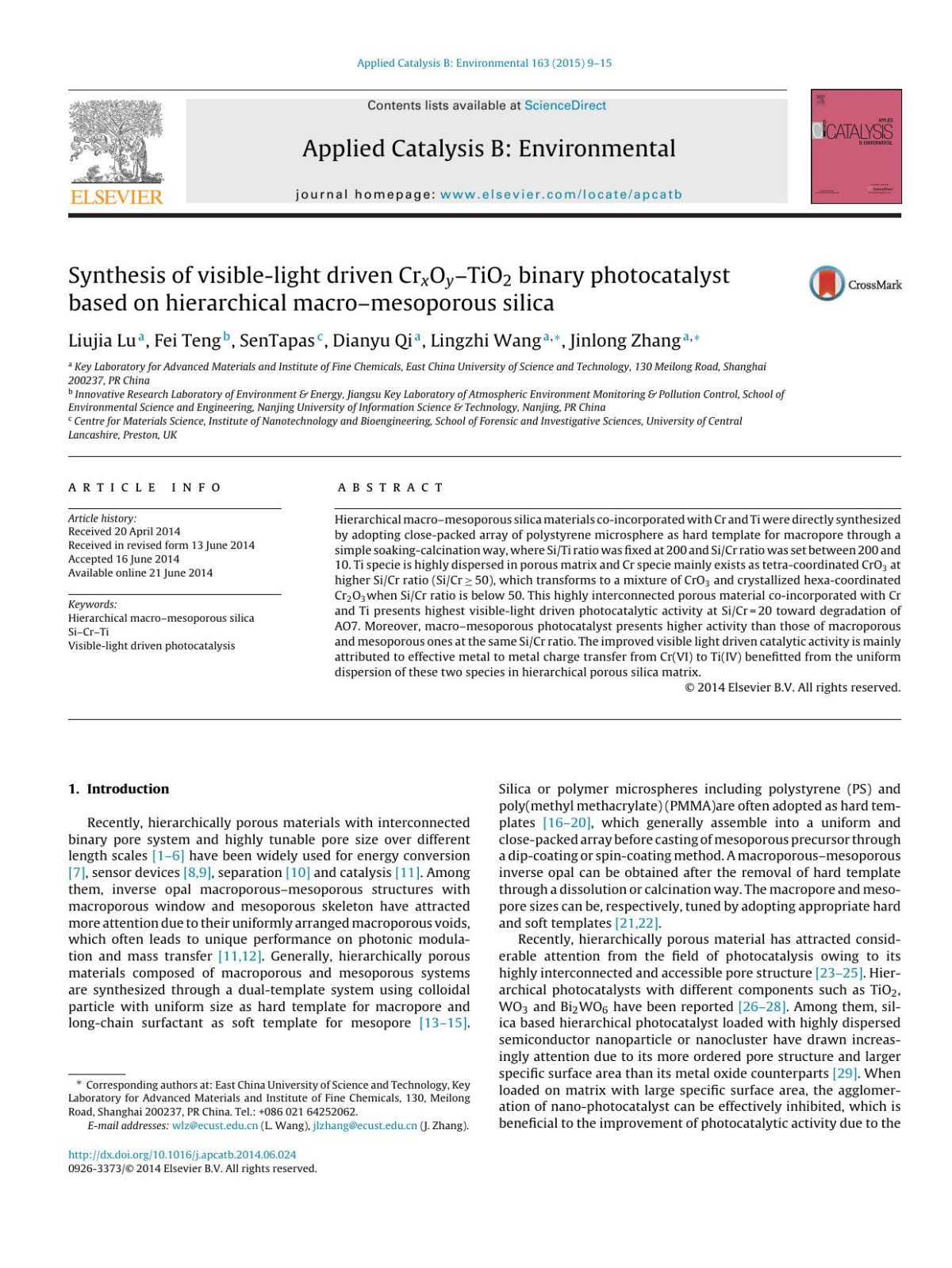 Synthesis Of Visiblelight Driven Crxoytio2 Binary Photocatalyst Based On Hierarchical Macromesoporous Silica Liujia Lu Fei Teng Sentapas Dianyu Qi Lingzhi Wang Jinlong Zhang