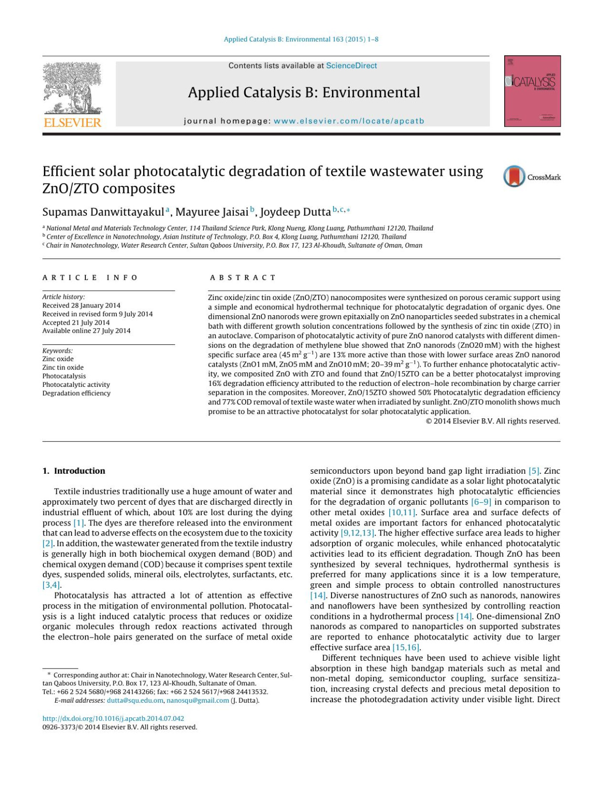 Efficient Solar Photocatalytic Degradation Of Textile Wastewater Using Znozto Composites Supamas Danwittayakul Mayuree Jaisai Joydeep Dutta