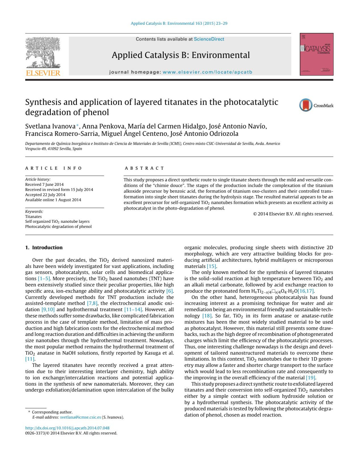 Synthesis And Application Of Layered Titanates In The Photocatalytic Degradation Of Phenol Svetlana Ivanova Anna Penkova Mara Del Carmen Hidalgo Jos Antonio Navo Francisca Romerosarria Miguel Ngel Centeno Jos Antonio Odriozola