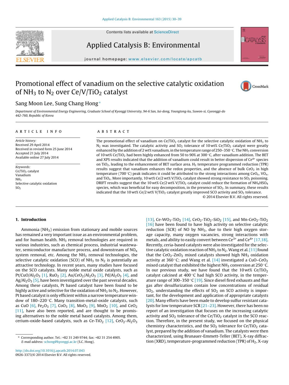 Promotional Effect Of Vanadium On The Selective Catalytic Oxidation Of Nh3 To N2 Over Cevtio2 Catalyst Sang Moon Lee Sung Chang Hong