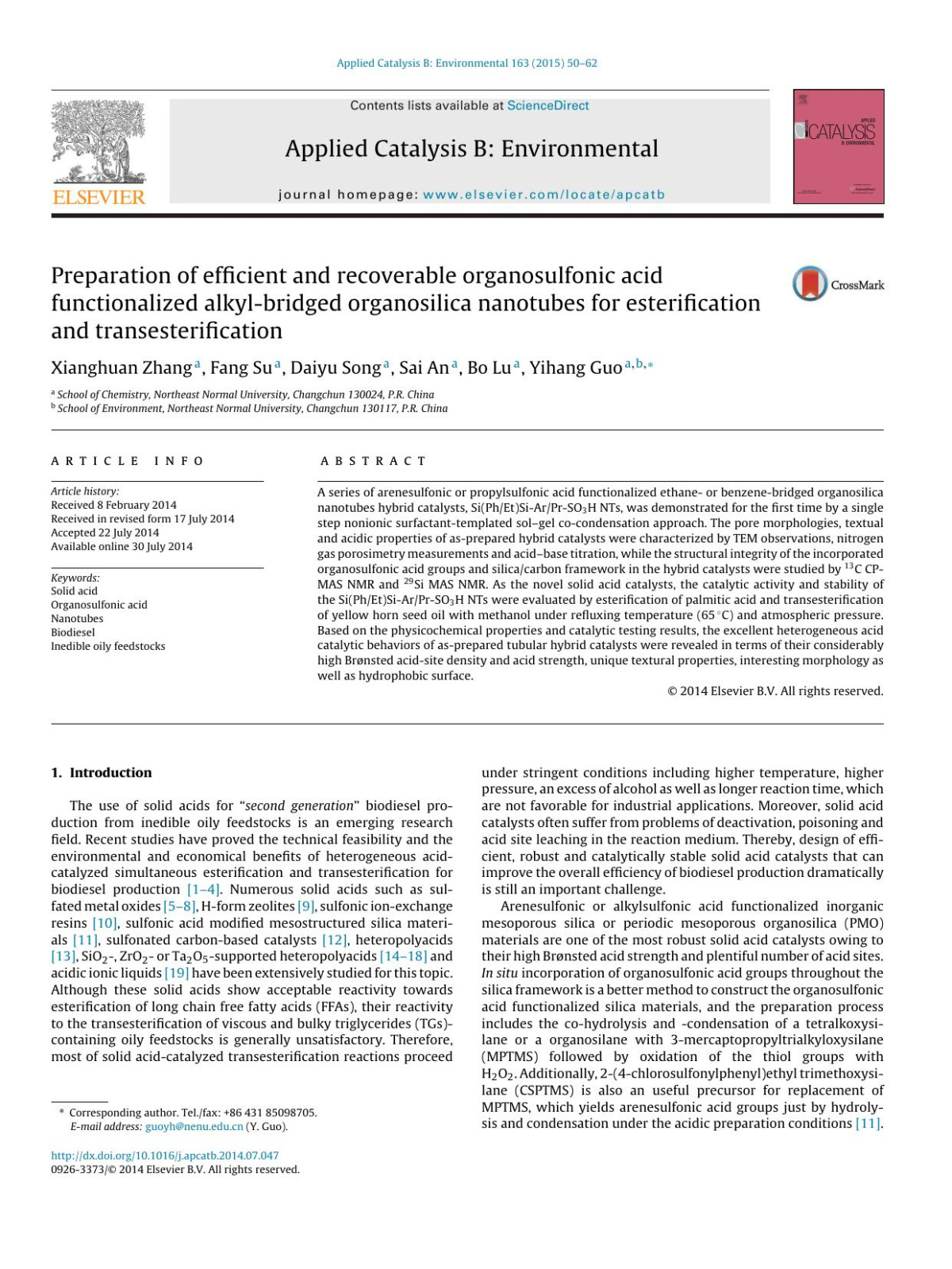 Preparation Of Efficient And Recoverable Organosulfonic Acid Functionalized Alkylbridged Organosilica Nanotubes For Esterification And Transesterification Xianghuan Zhang Fang Su Daiyu Song Sai An Bo Lu Yihang Guo