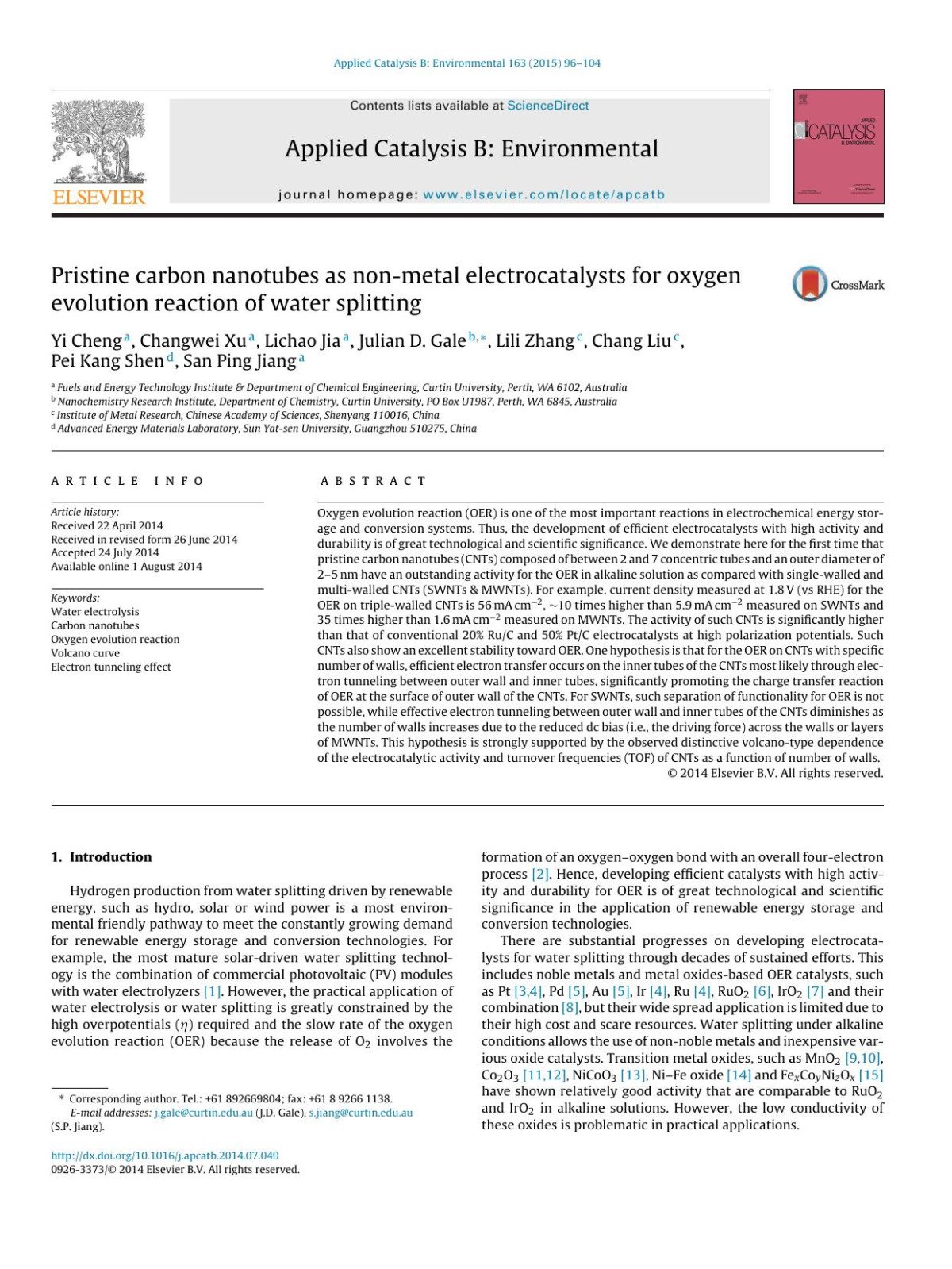 Pristine Carbon Nanotubes As Nonmetal Electrocatalysts For Oxygen Evolution Reaction Of Water Splitting Yi Cheng Changwei Xu Lichao Jia Julian D Gale Lili Zhang Chang Liu Pei Kang Shen San Ping Jiang