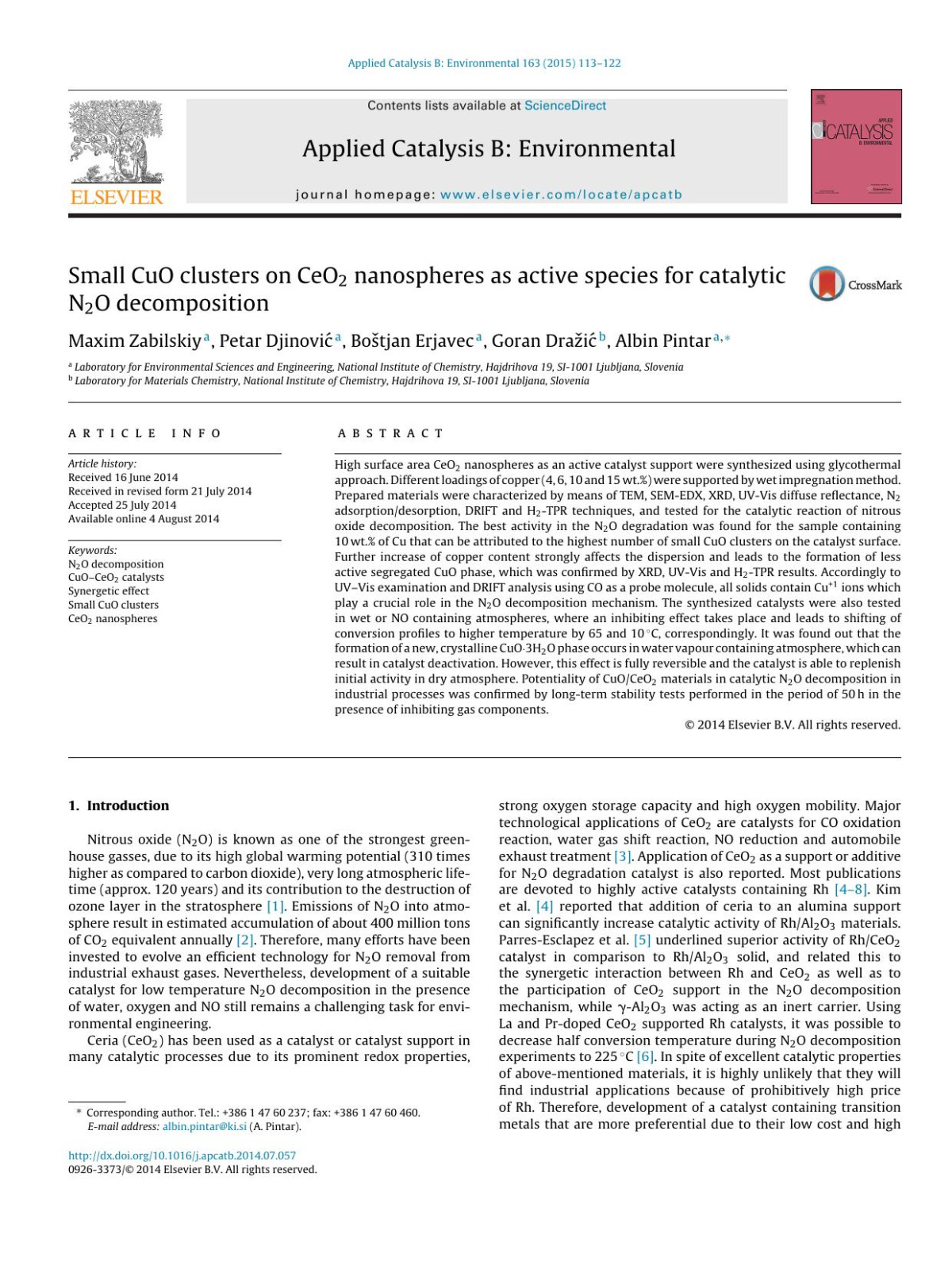Small Cuo Clusters On Ceo2 Nanospheres As Active Species For Catalytic N2o Decomposition Maxim Zabilskiy Petar Djinovi Botjan Erjavec Goran Drai Albin Pintar