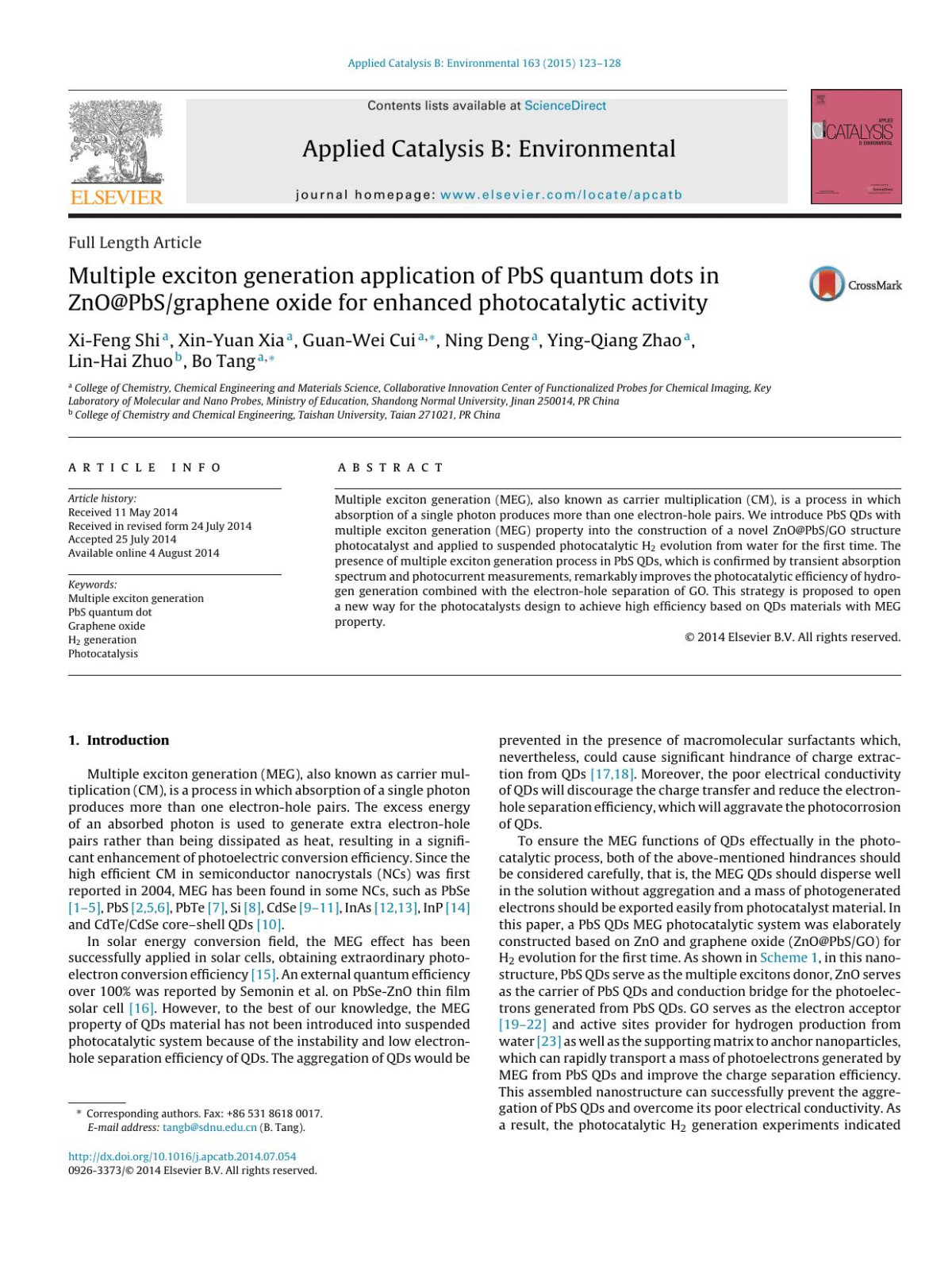 Multiple Exciton Generation Application Of Pbs Quantum Dots In Znopbsgraphene Oxide For Enhanced Photocatalytic Activity Xifeng Shi Xinyuan Xia Guanwei Cui Ning Deng Yingqiang Zhao Linhai Zhuo Bo Tang