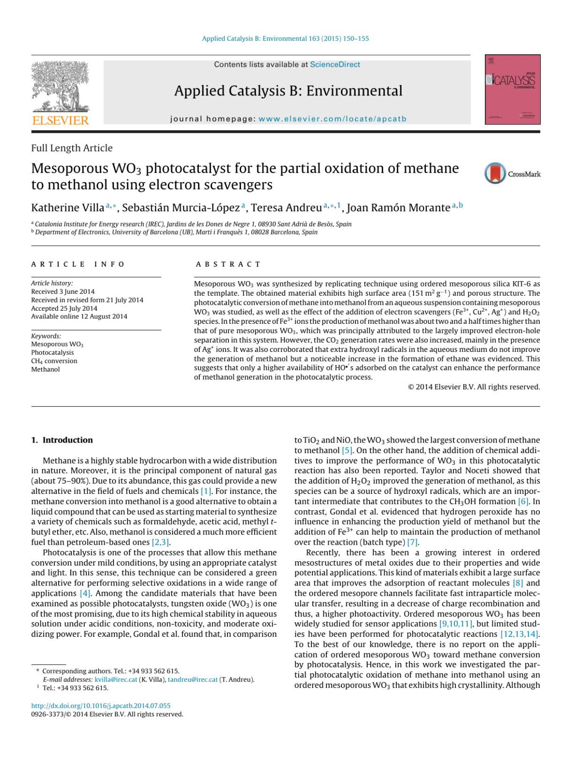 Mesoporous Wo3 Photocatalyst For The Partial Oxidation Of Methane To Methanol Using Electron Scavengers Katherine Villa Sebastin Murcialpez Teresa Andreu Joan Ramn Morante