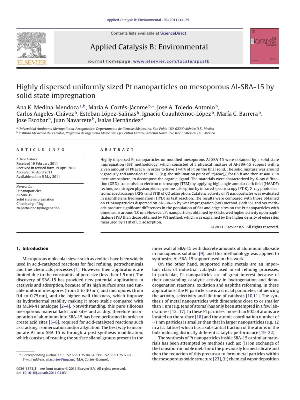 Highly Dispersed Uniformly Sized Pt Nanoparticles On Mesoporous Alsba15 By Solid State Impregnation Ana K Medinamendoza