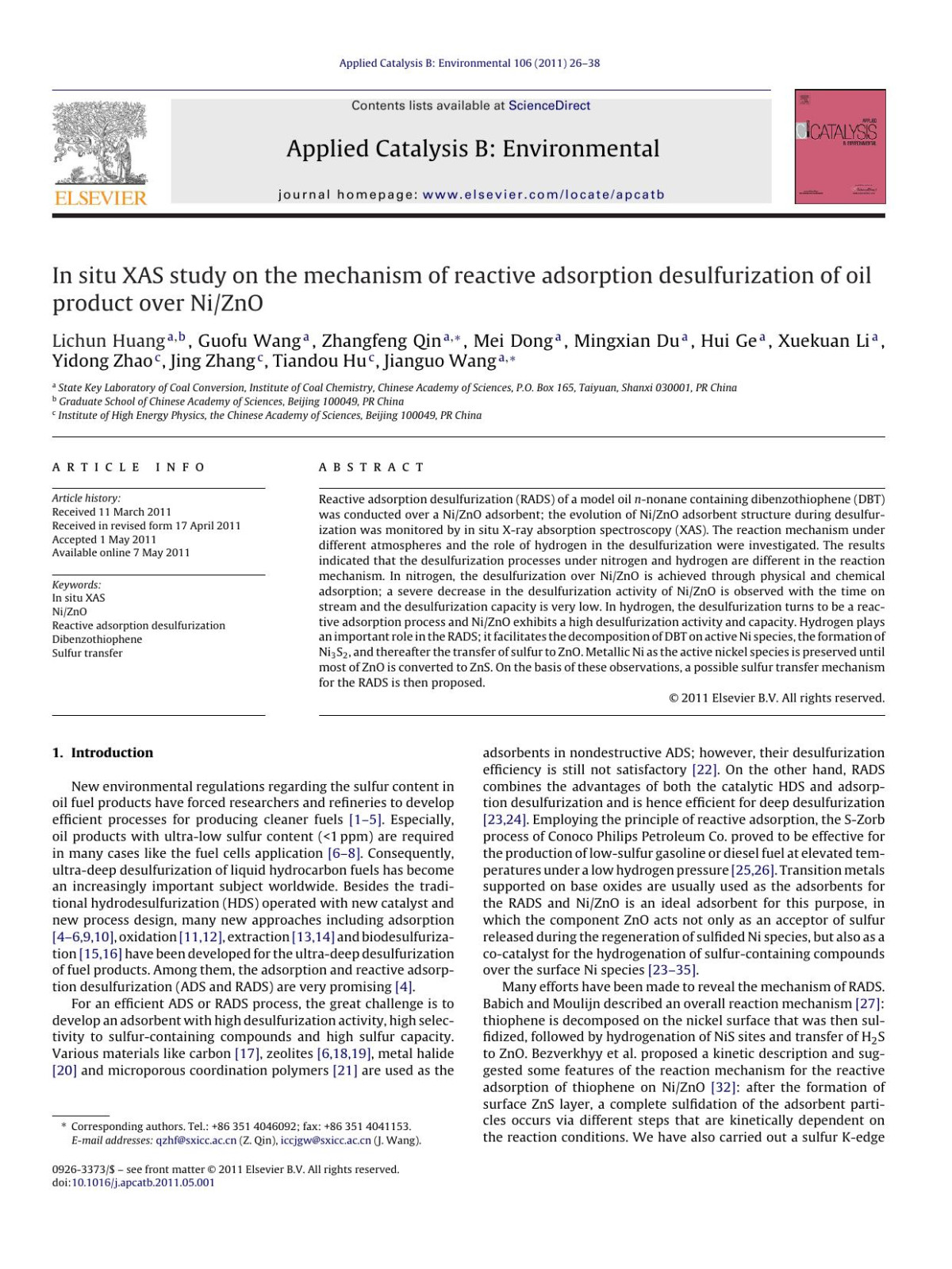 In Situ Xas Study On The Mechanism Of Reactive Adsorption Desulfurization Of Oil Product Over Nizno Lichun Huang