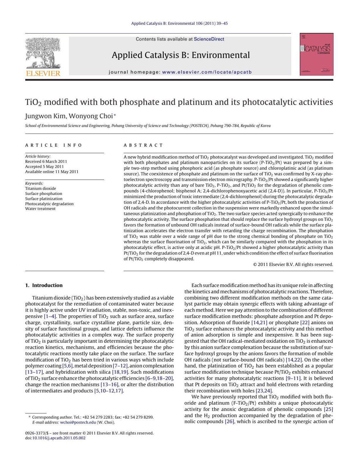 Tio2 Modified With Both Phosphate And Platinum And Its Photocatalytic Activities Jungwon Kim