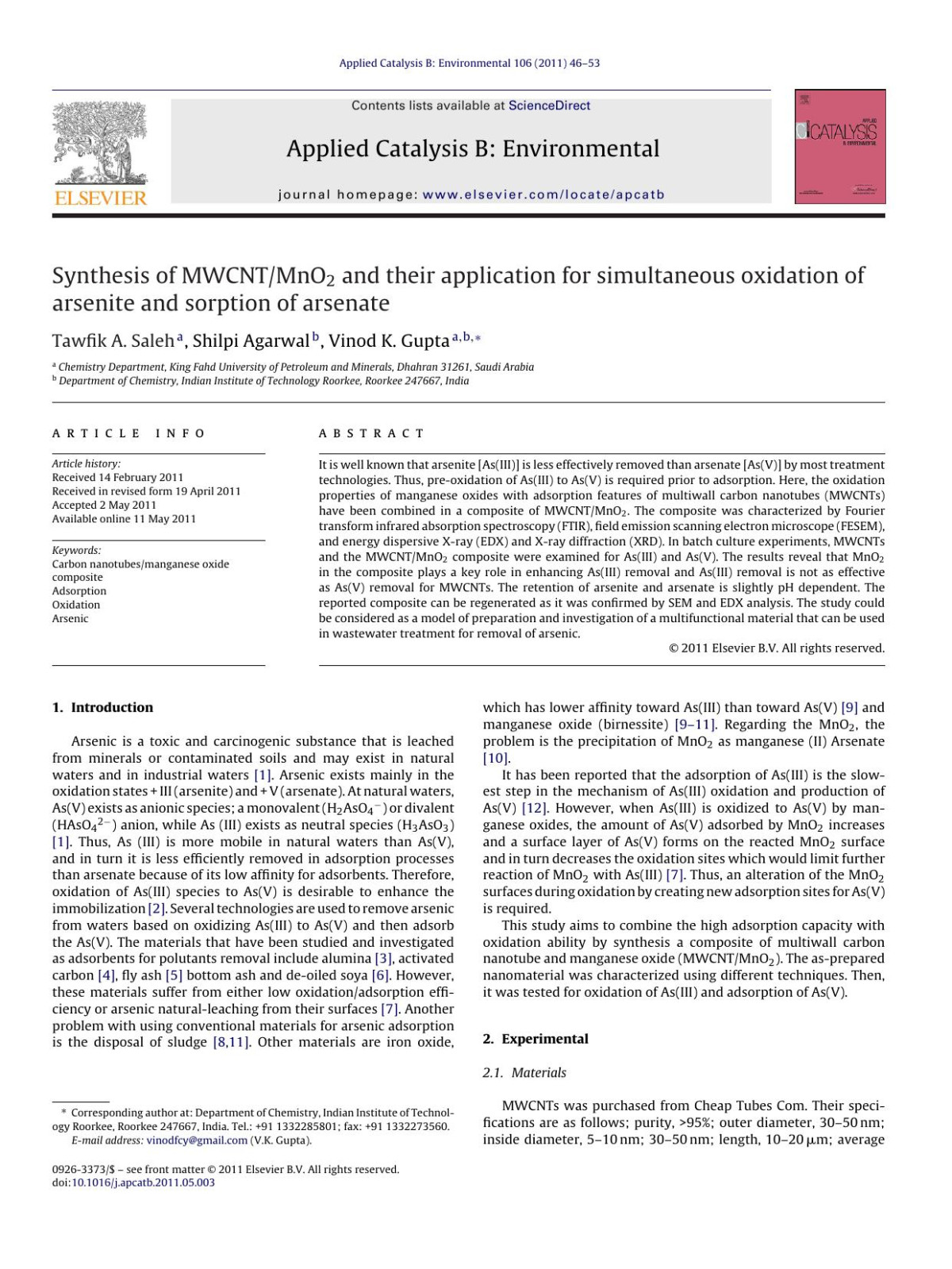 Synthesis Of Mwcntmno2 And Their Application For Simultaneous Oxidation Of Arsenite And Sorption Of Arsenate Tawfik A Saleh