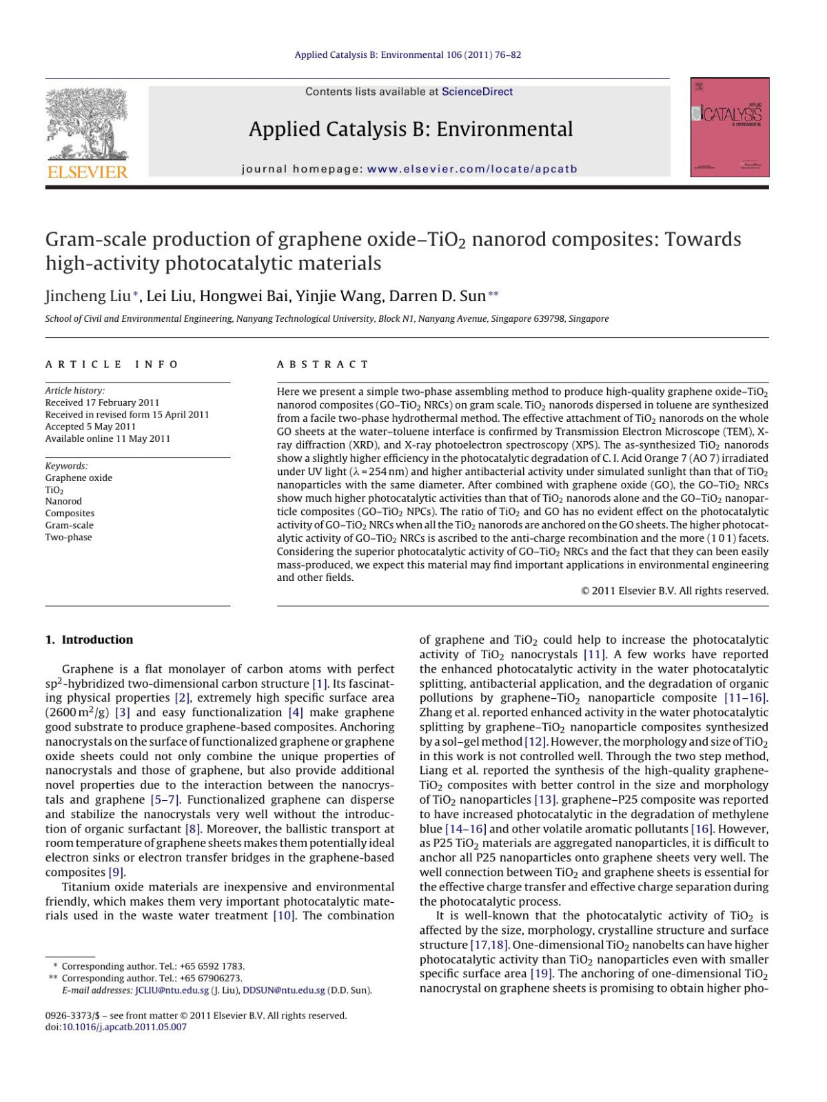 Gramscale Production Of Graphene Oxidetio2 Nanorod Composites Towards Highactivity Photocatalytic Materials Jincheng Liu