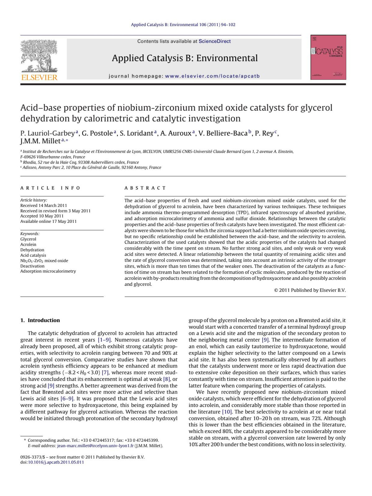 Acidbase Properties Of Niobiumzirconium Mixed Oxide Catalysts For Glycerol Dehydration By Calorimetric And Catalytic Investigation P Lauriolgarbey