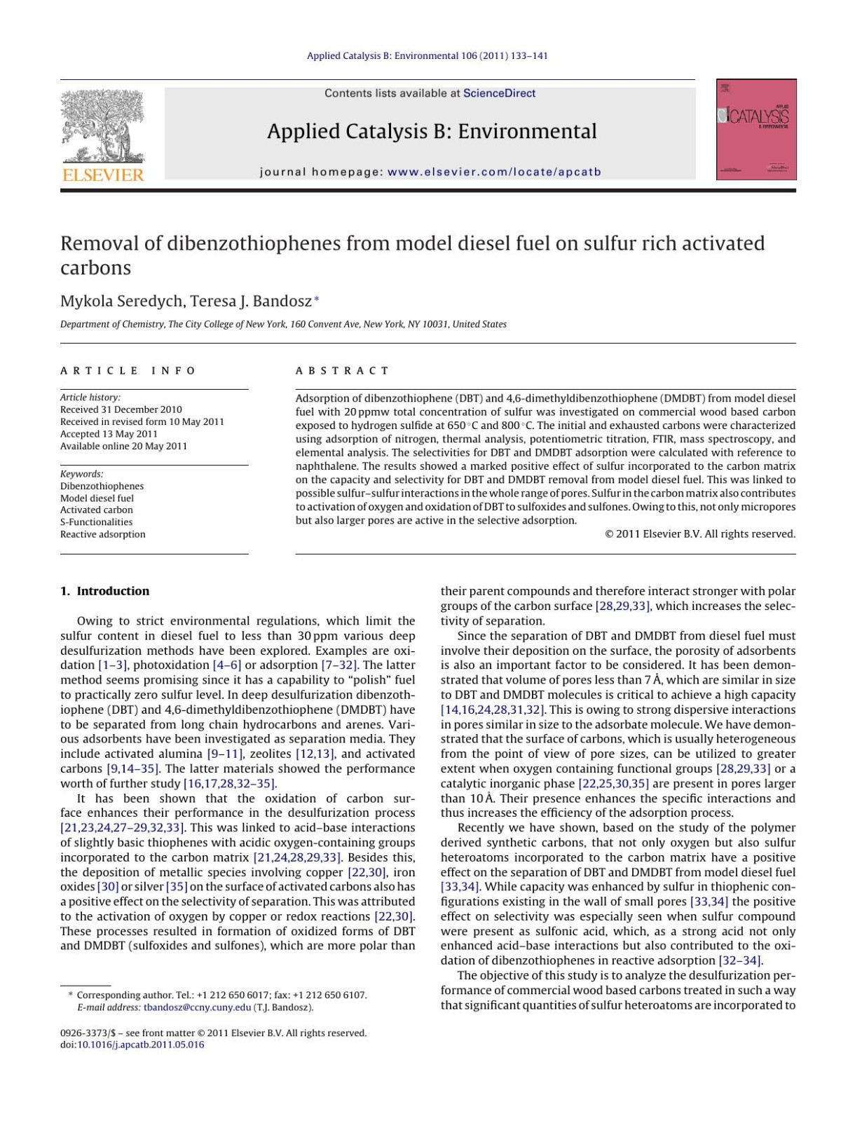 Removal Of Dibenzothiophenes From Model Diesel Fuel On Sulfur Rich Activated Carbons Mykola Seredych