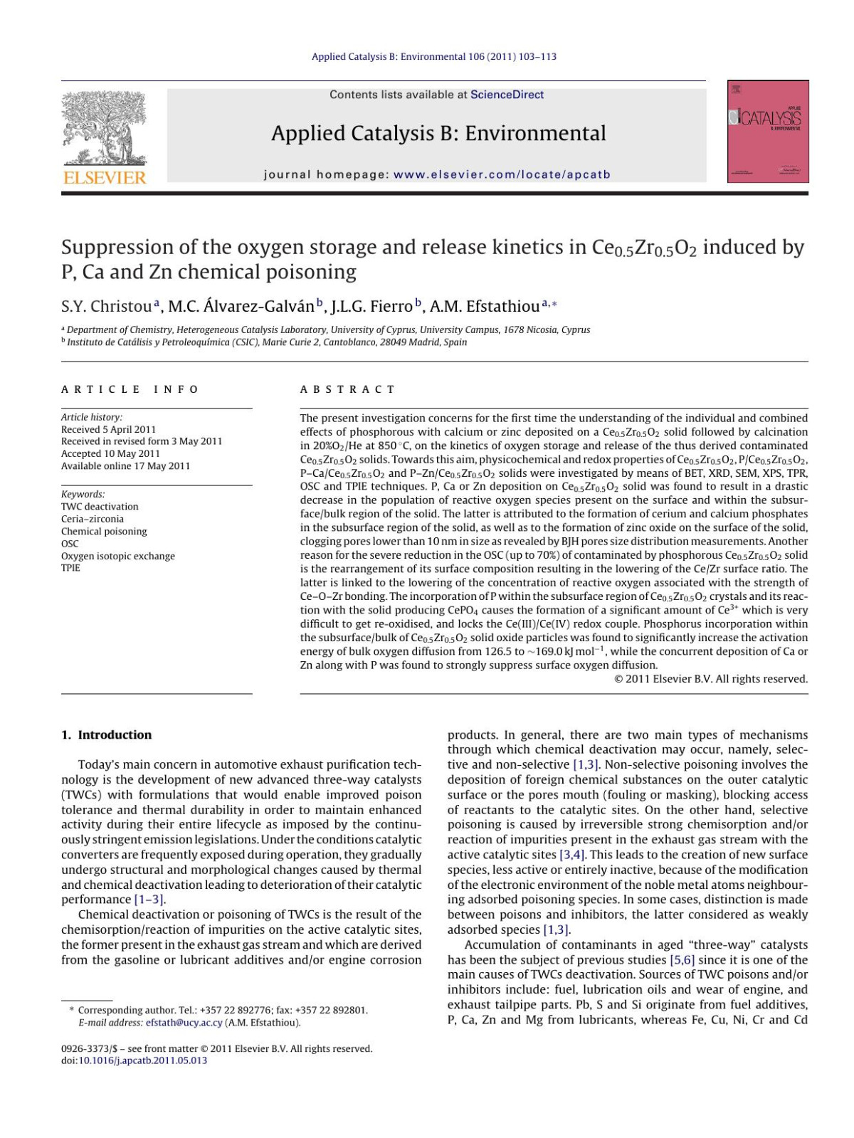 Suppression Of The Oxygen Storage And Release Kinetics In Ce05zr05o2 Induced By P Ca And Zn Chemical Poisoning Sy Christou