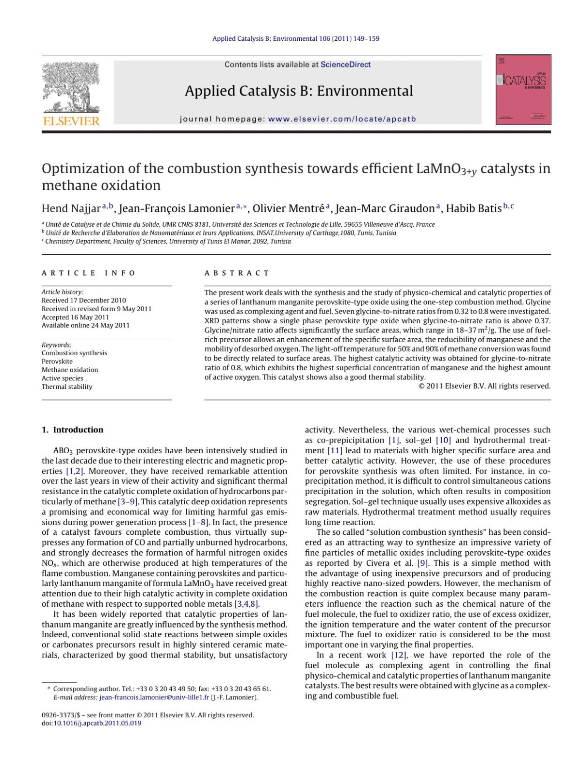 Optimization Of The Combustion Synthesis Towards Efficient Lamno3y Catalysts In Methane Oxidation Hend Najjar