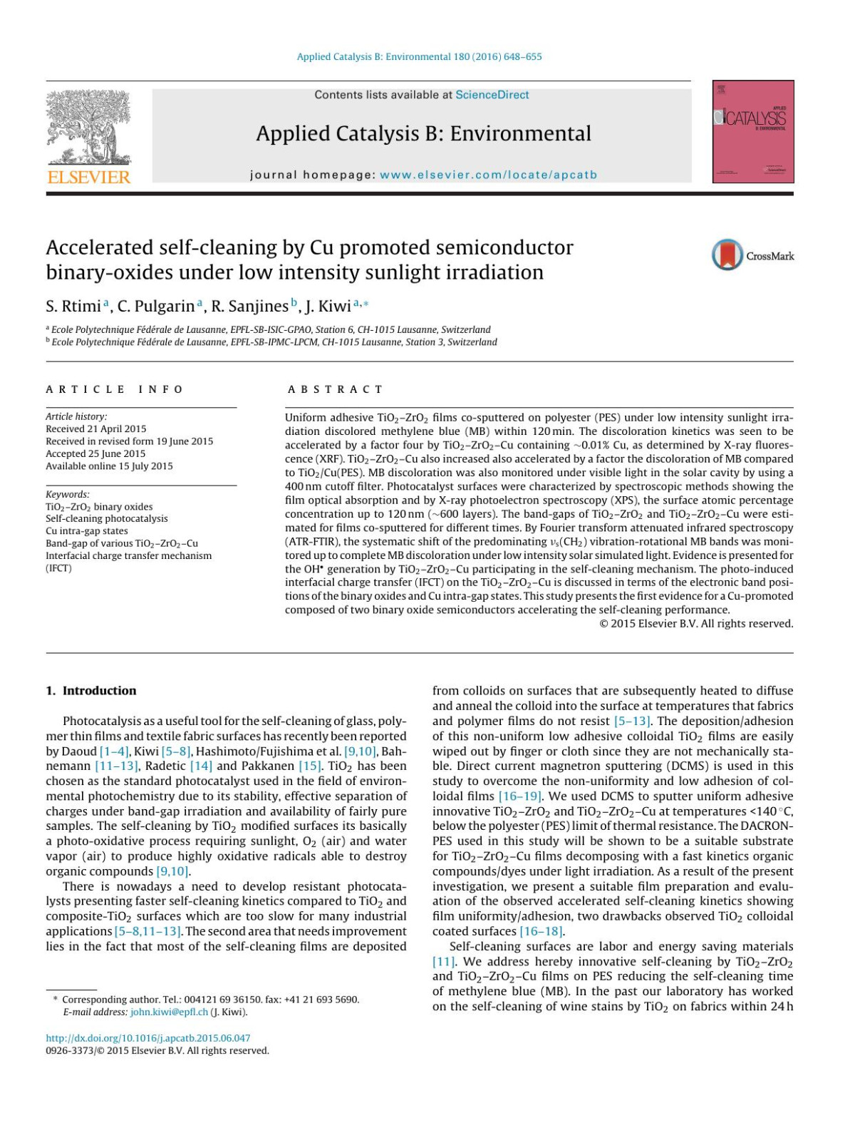 Accelerated Selfcleaning By Cu Promoted Semiconductor Binaryoxides Under Low Intensity Sunlight Irradiation C Pulgarin R Sanjines J Kiwi