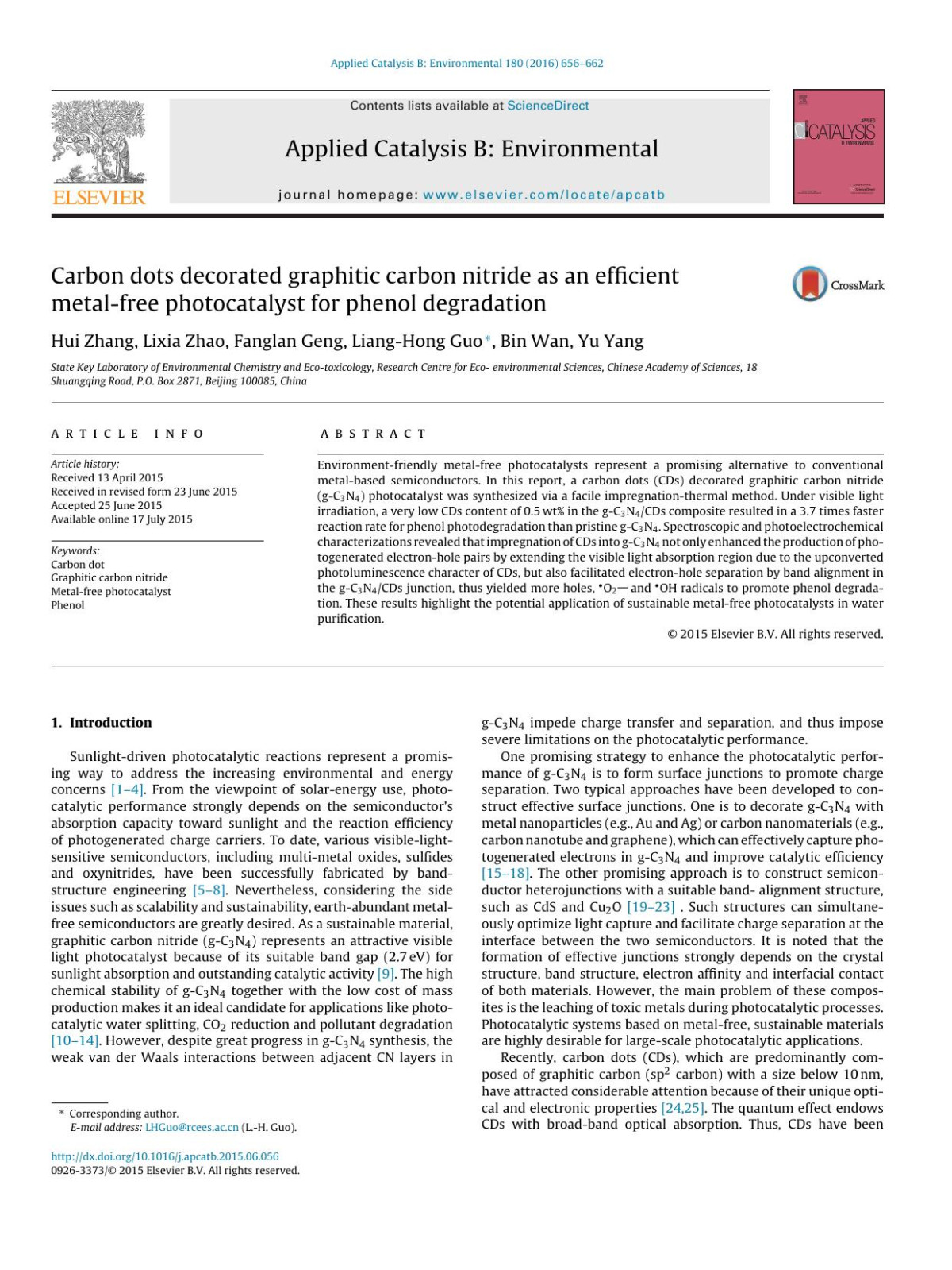 Carbon Dots Decorated Graphitic Carbon Nitride As An Efficient Metalfree Photocatalyst For Phenol Degradation Lixia Zhao Fanglan Geng Lianghong Guo Bin Wan Yu Yang