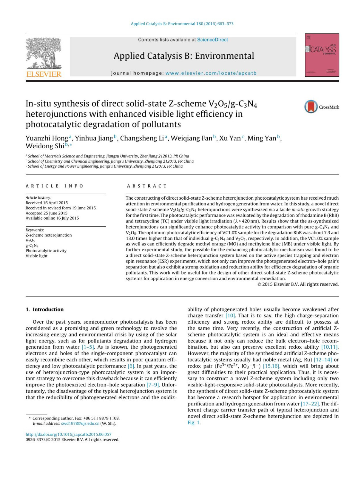 Insitu Synthesis Of Direct Solidstate Zscheme V2o5gc3n4 Heterojunctions With Enhanced Visible Light Efficiency In Photocatalytic Degradation Of Pollutants Yinhua Jiang Changsheng Li Weiqiang Fan Xu Yan Ming Yan Weidong Shi