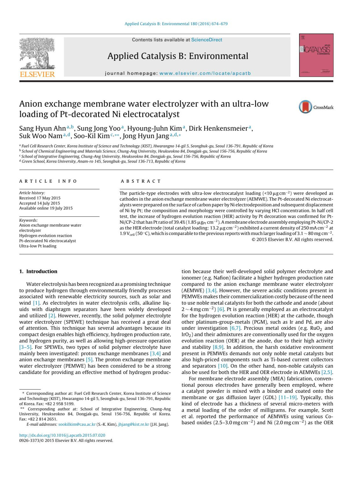 Anion Exchange Membrane Water Electrolyzer With An Ultralow Loading Of Ptdecorated Ni Electrocatalyst Sung Jong Yoo Hyoungjuhn Kim Dirk Henkensmeier Suk Woo Nam Sookil Kim Jong Hyun Jang