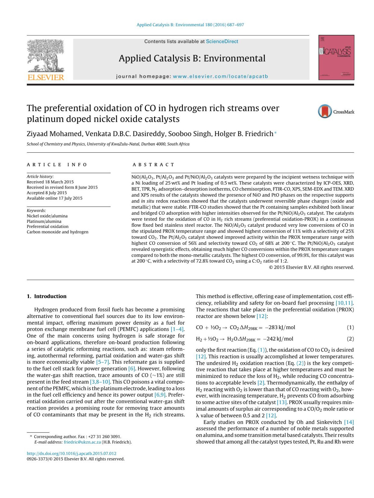 The Preferential Oxidation Of Co In Hydrogen Rich Streams Over Platinum Doped Nickel Oxide Catalysts Venkata Dbc Dasireddy Sooboo Singh Holger B Friedrich