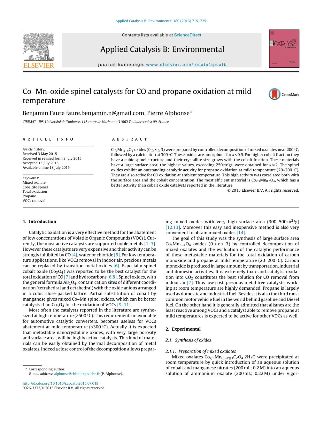 Comnoxide Spinel Catalysts For Co And Propane Oxidation At Mild Temperature Pierre Alphonse