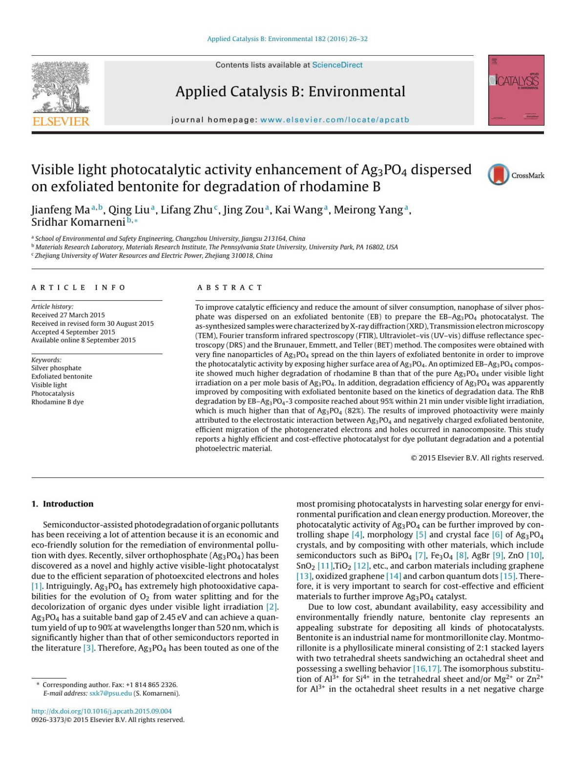 Visible Light Photocatalytic Activity Enhancement Of Ag3po4 Dispersed On Exfoliated Bentonite For Degradation Of Rhodamine B Jianfeng Ma Qing Liu Lifang Zhu Jing Zou Kai Wang Meirong Yang Sridhar Komarneni