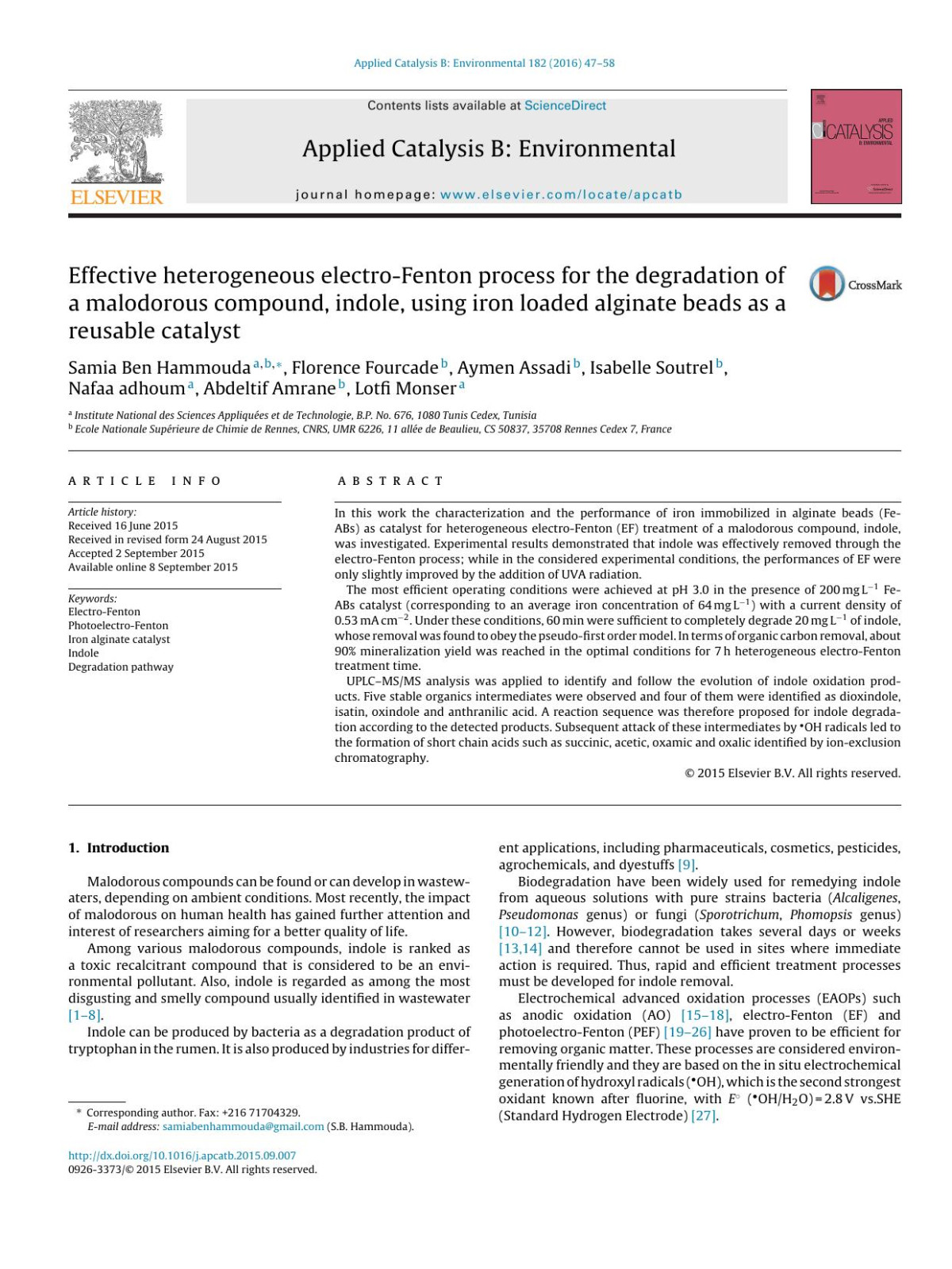 Effective Heterogeneous Electrofenton Process For The Degradation Of A Malodorous Compound Indole Using Iron Loaded Alginate Beads As A Reusable Catalyst Samia Ben Hammouda Florence Fourcade Aymen Assadi Isabelle Soutrel Nafaa Adhoum Abdeltif Amrane Lotfi Monser