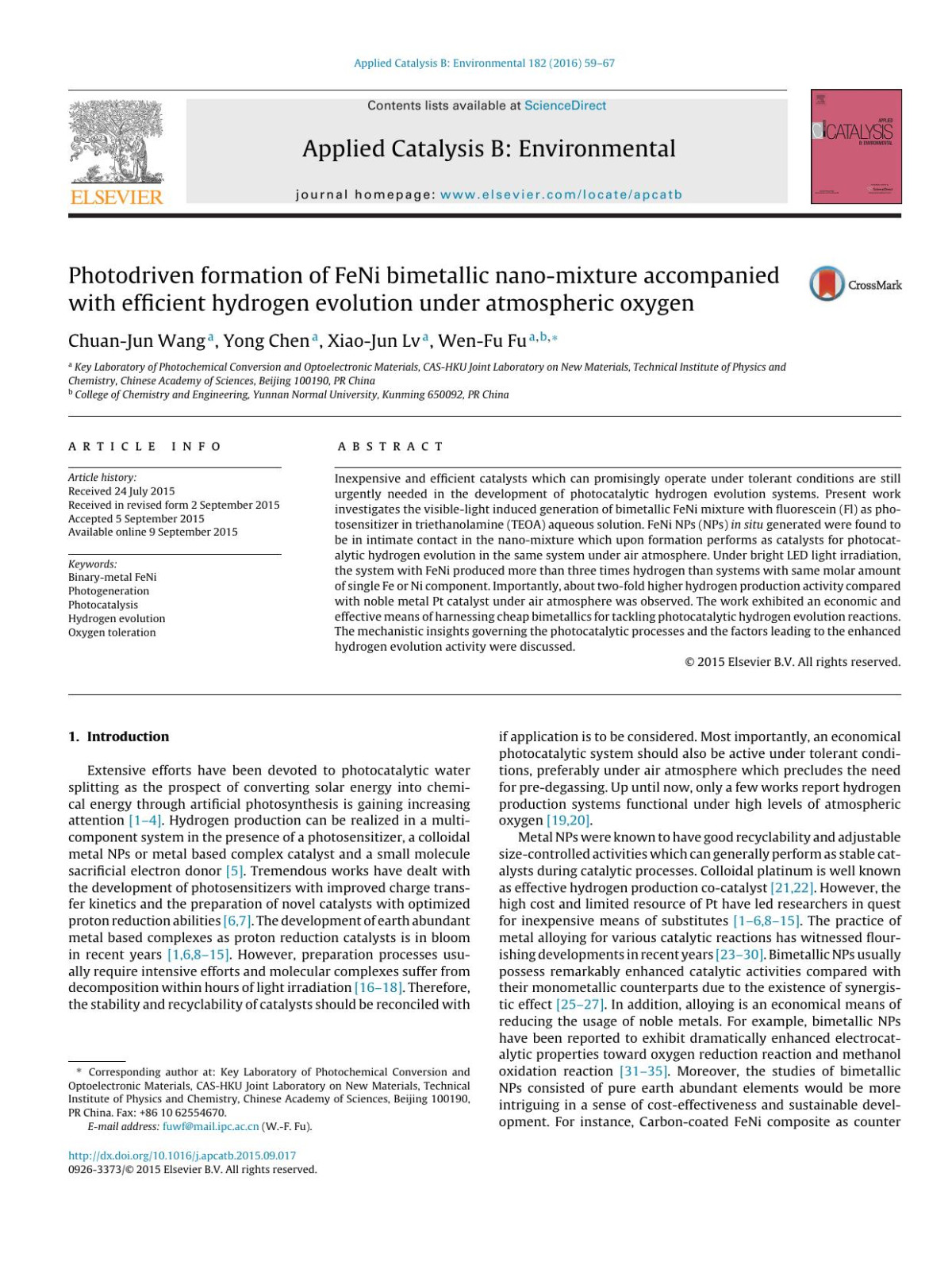 Photodriven Formation Of Feni Bimetallic Nanomixture Accompanied With Efficient Hydrogen Evolution Under Atmospheric Oxygen Chuanjun Wang Yong Chen Xiaojun Lv Wenfu Fu