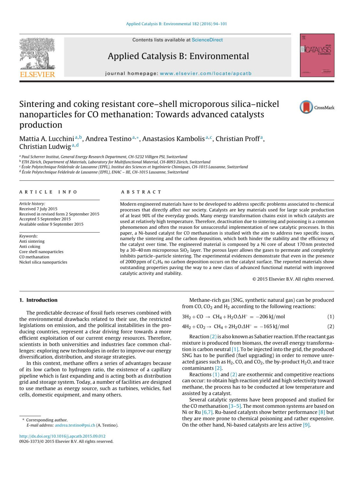 Sintering And Coking Resistant Coreshell Microporous Silicanickel Nanoparticles For Co Methanation Towards Advanced Catalysts Production Mattia A Lucchini Andrea Testino Anastasios Kambolis Christian Proff Christian Ludwig