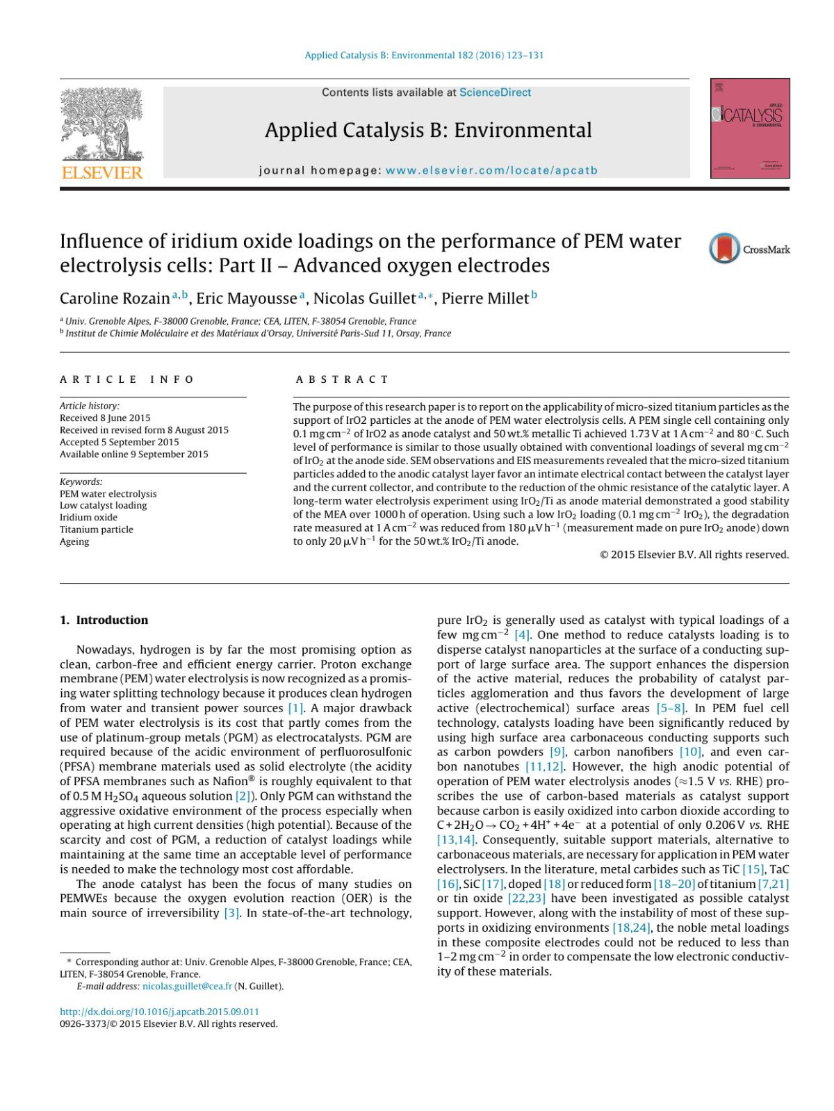 Influence Of Iridium Oxide Loadings On The Performance Of Pem Water Electrolysis Cells Part Ii Advanced Oxygen Electrodes Caroline Rozain Eric Mayousse Nicolas Guillet Pierre Millet
