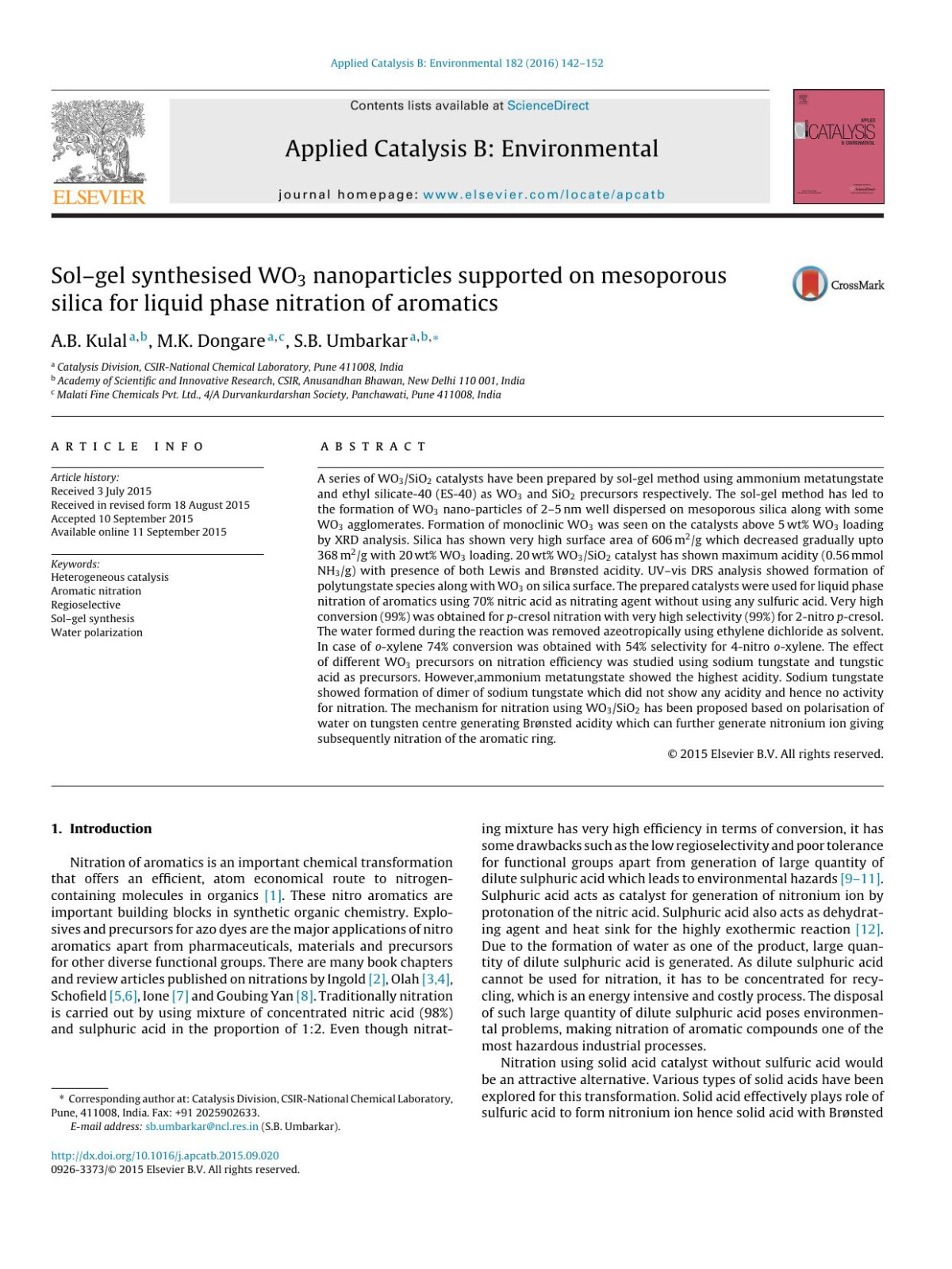 Solgel Synthesised Wo3 Nanoparticles Supported On Mesoporous Silica For Liquid Phase Nitration Of Aromatics Ab Kulal Mk Dongare Sb Umbarkar
